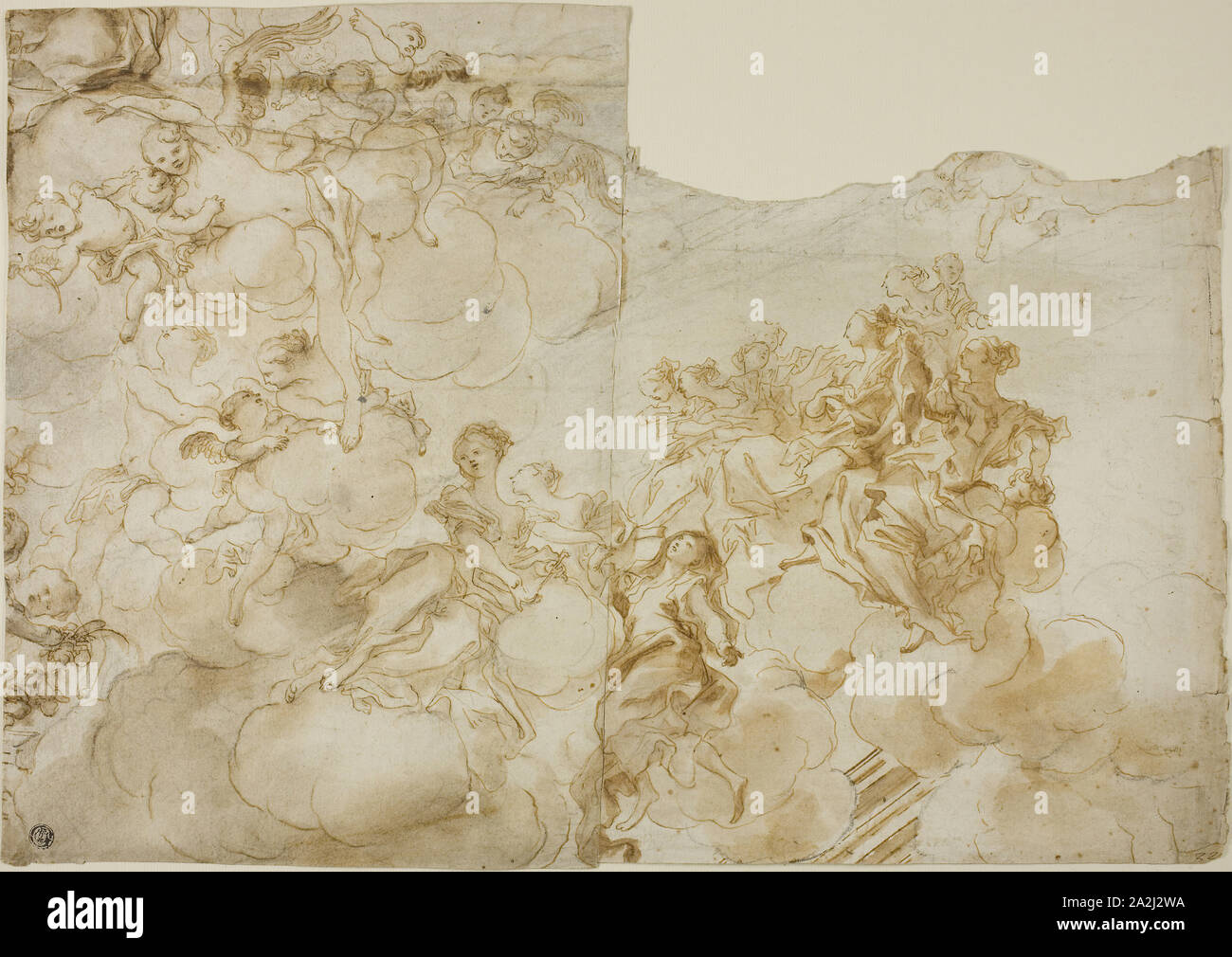 Figure femminili con putti in nuvole, n.d., eventualmente Gregorio de' Ferrari (Italiano, 1644-1726), o Domenico Piola (Italiano, 1627-1703), o Antonio Allegri, chiamato Correggio (Italiano, c. 1489-1534), o Franz Anton Maulbertsch (Austriaco, 1724-1796), l'Italia, a penna e inchiostro bruno, con spazzola e marrone a lavare e gesso nero, su avorio carta vergata, 357 x 505 mm Foto Stock