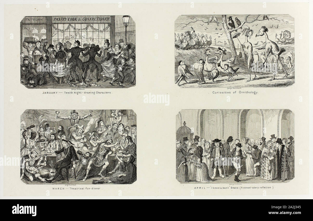 Gennaio, dodicesima notte caratteri di disegno da George Cruikshank di incisioni in acciaio per il fumetto Almanacks: 1835-1853 (in alto a sinistra), 1841, stampato c. Nel 1880, George Cruikshank (Inglese, 1792-1878), pubblicata da Pickering & Chatto (Inglese del XIX secolo), Inghilterra, quattro incisioni in acciaio nero in crema carta india, stabilite su off-white card (chine collé) 211 × 337 mm (supporto primario), 345 × 508 mm (supporto secondario Foto Stock