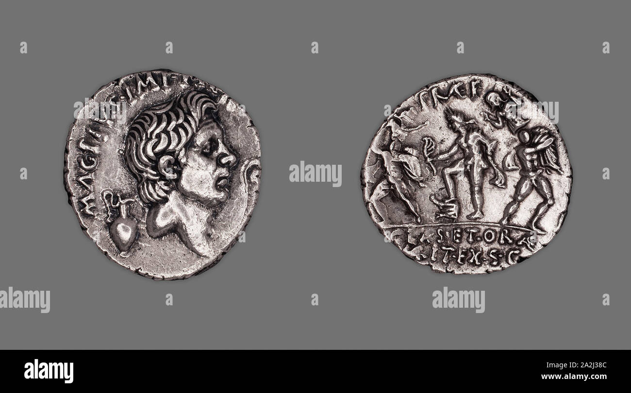 Denario (moneta) raffigurante Pompeo il Grande, 42/40 BC, rilasciati dalla Repubblica Romana, Sesto Pompeo Magno, romana, coniate in Sicilia, Sicilia, argento, Diam. 2 cm, 3,95 g Foto Stock