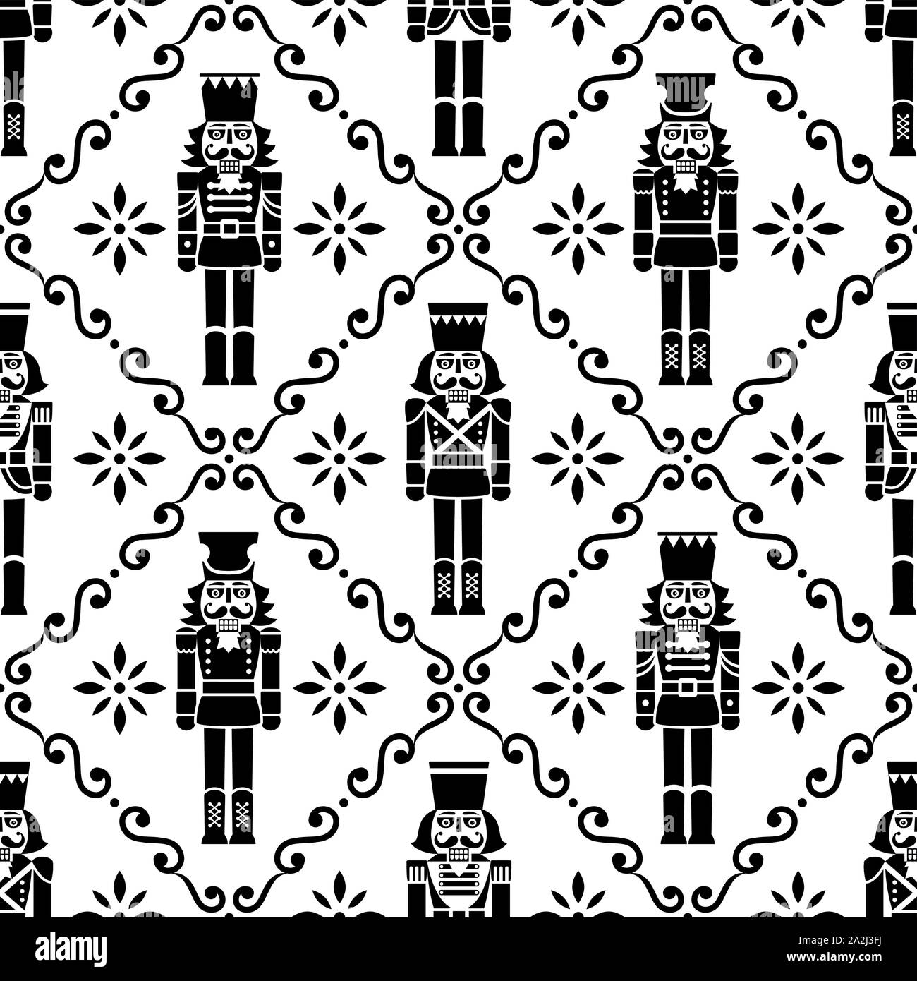 Natale schiaccianoci vector seamless pattern - Xmas soldato ripetitive di figurine in bianco e nero ornamento, il design tessile Illustrazione Vettoriale