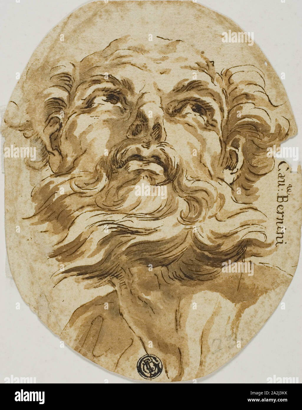 Testa barbuto, n.d., attribuito al cerchio del Domenichino (Italiano, 1581-1641), o Gian Lorenzo Bernini (Italiano, 1598-1680) o un organo cedente o il cerchio di Giovanni Lanfranco (Italiano, 1582-1647), o il cerchio di Giovanni Battista Gaulli (Italiano, 1639-1709), l'Italia, a penna e inchiostro bruno con pennello e lavaggio marrone su avorio carta vergata, 157 x 122 mm Foto Stock