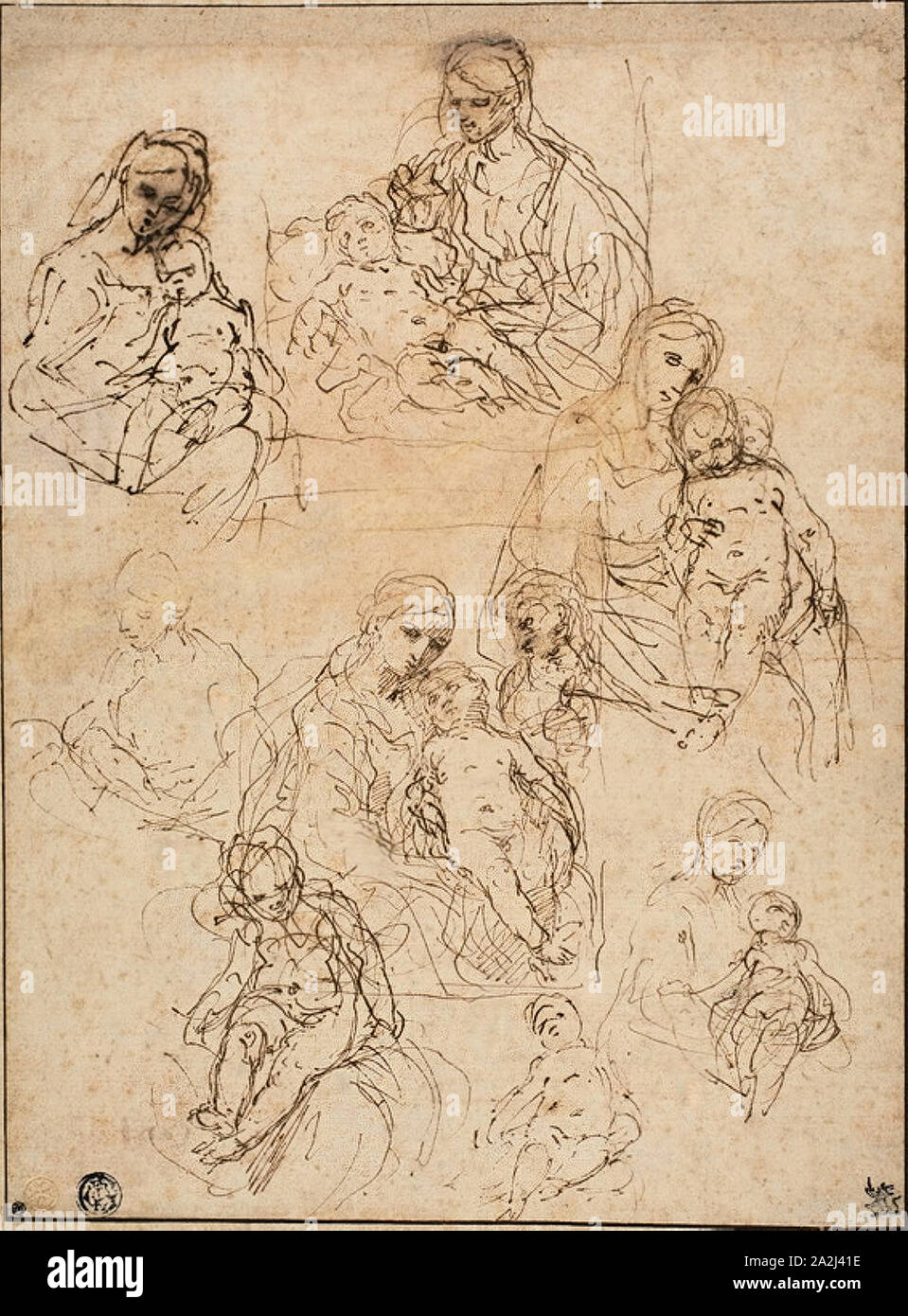 Schizzi della Vergine e il bambino e la Santa Famiglia, 1642/48, di Simone Cantarini, Italiano, 1612-1648, Italia, penna e inchiostro bruno su buff carta vergata, previste sulla scheda di crema, 272 x 202 mm Foto Stock