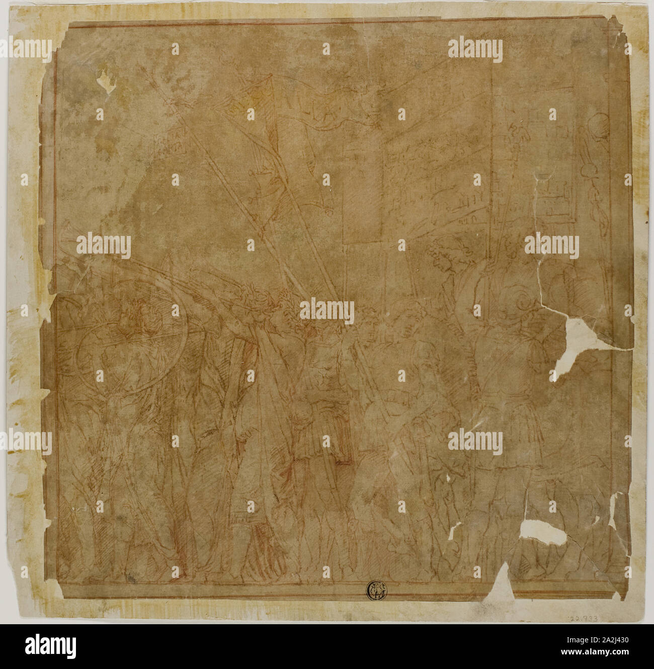 Studio per i trionfi di Giulio Cesare: Canvas n. I, n.d., dopo di Andrea Mantegna, Italiano, 1431-1506, Italia, penna e inchiostro bruno con matita rossa, sul tan carta vergata, stabilite su avorio carta intessuta, 276 x 281 mm Foto Stock