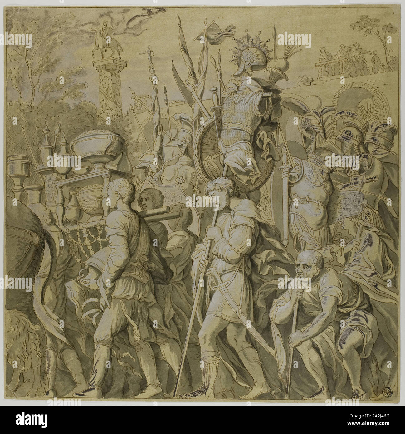Trionfi di Giulio Cesare: Canvas n. VI, XVIII secolo, dopo di Andrea Mantegna, Italiano, 1431-1506, Italia, penna e inchiostro bruno, con spazzola e grey wash, intensificato con filo bianco (ossidato), la crema di cui carta preparata con giallo lavaggio, 370 x 370 mm Foto Stock