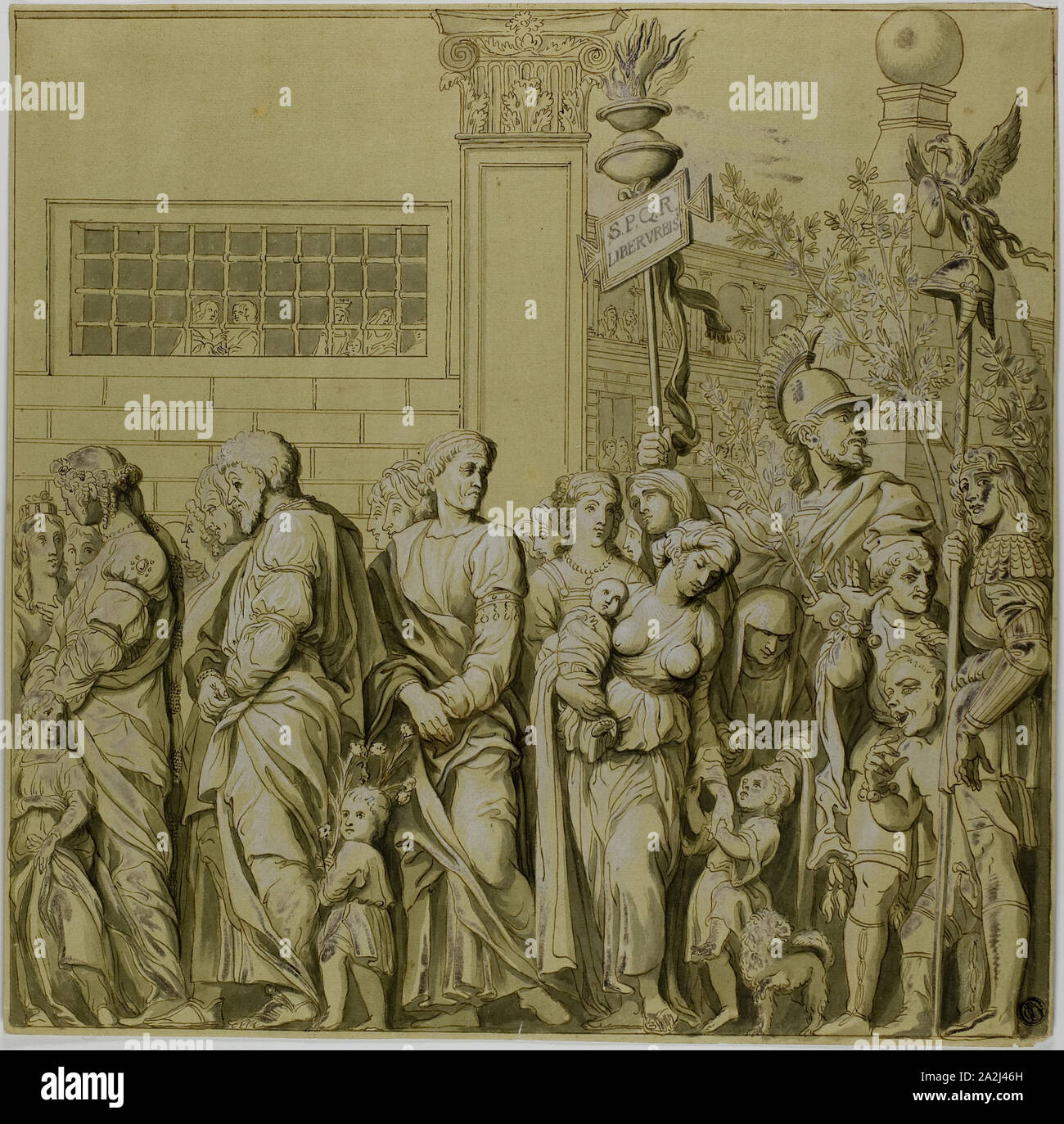 Trionfi di Giulio Cesare: Canvas n. VII, XVIII secolo, dopo di Andrea Mantegna, Italiano, 1431-1506, Italia, penna e inchiostro bruno, con spazzola e grey wash, intensificato con filo bianco (ossidato), la crema di cui carta preparata con giallo lavaggio, 370 x 372 mm Foto Stock