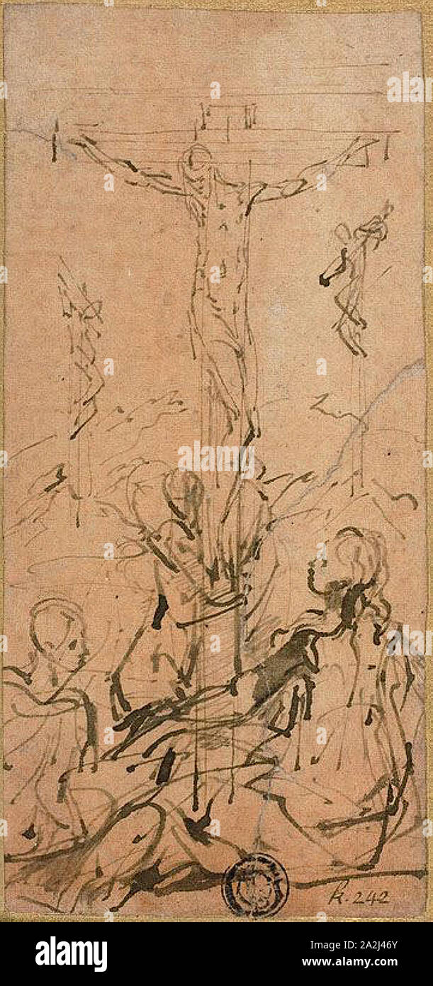 Crocifissione, 1524/27, Parmigianino, Italiano, 1503-1540, Italia, penna e inchiostro bruno su la crema di cui carta, preparati con colore arancione pallido lavaggio, fissate sulla carta velina avorio scheda, 140 x 65 mm Foto Stock