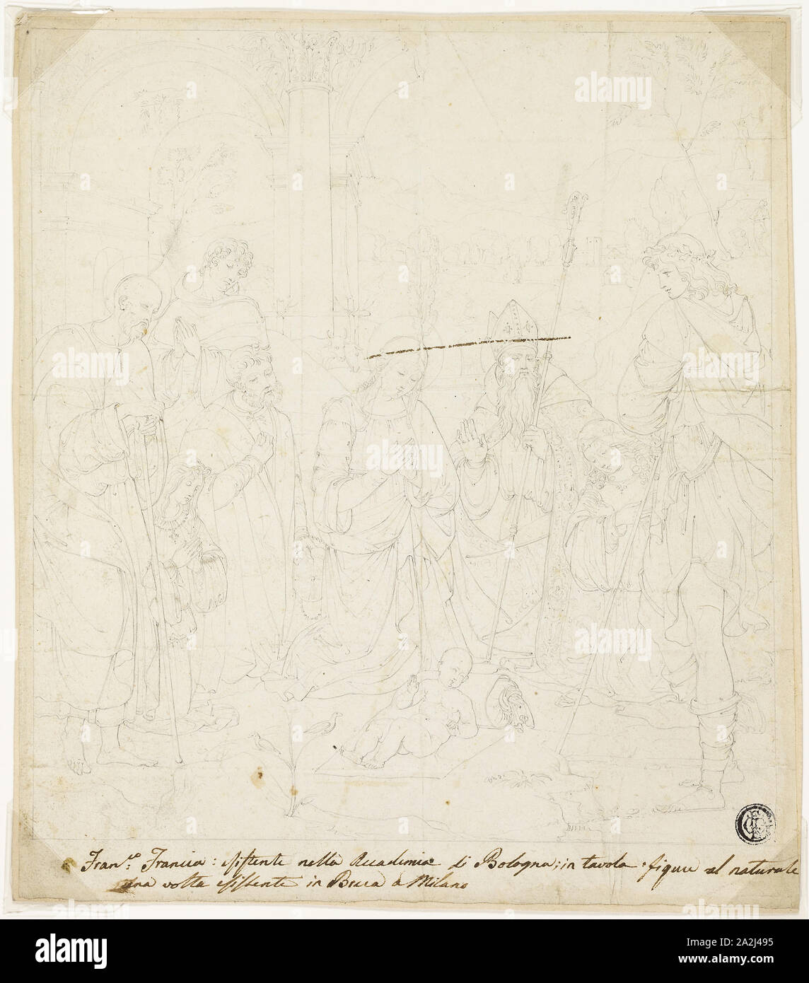 L adorazione del Cristo Bambino con i Santi Giuseppe e Francesco di Assisi, e Agostino, frequentato da Anton Galeazzo Bentivoglio e Alessandro Bentivoglio, c. 1820, dopo Francesco, Raibolini detto il Francia, Italiano, c. 1450-1517/18, l'Italia, grafite su avorio carta intessuta, fissate sulla crema carta intessuta, 224 x 198 mm Foto Stock