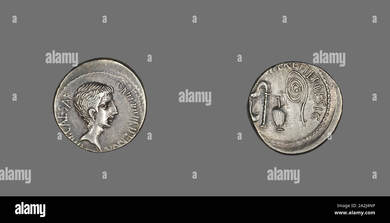 Denario (moneta) raffigurante Ottaviano, 37 BC, Romano, Italia, argento, Diam. 2 cm, 4,00 g Foto Stock