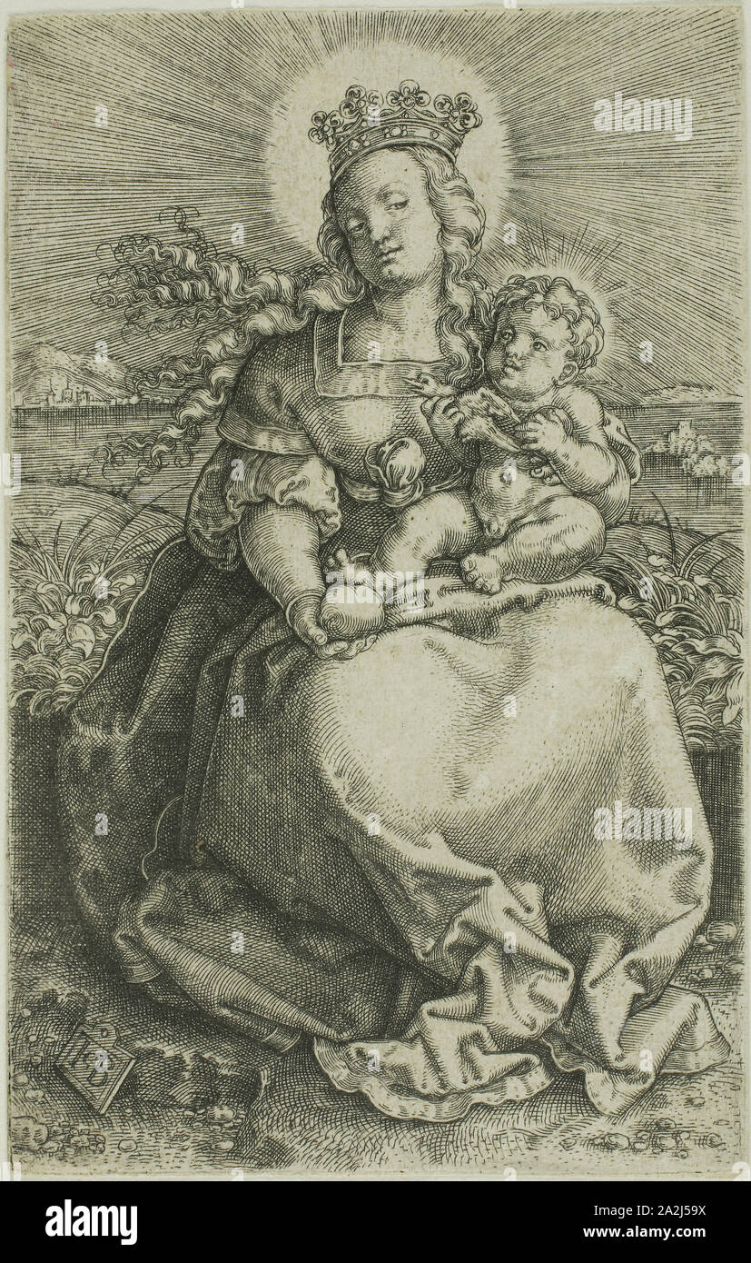 La Vergine in banca erbosa, 1520/69, Jacob Binck, Tedesco, c. 1500-1569, Germania, incisione in nero su avorio carta vergata, 129 × 81 mm (l'immagine/piastra/LAMIERA Foto Stock