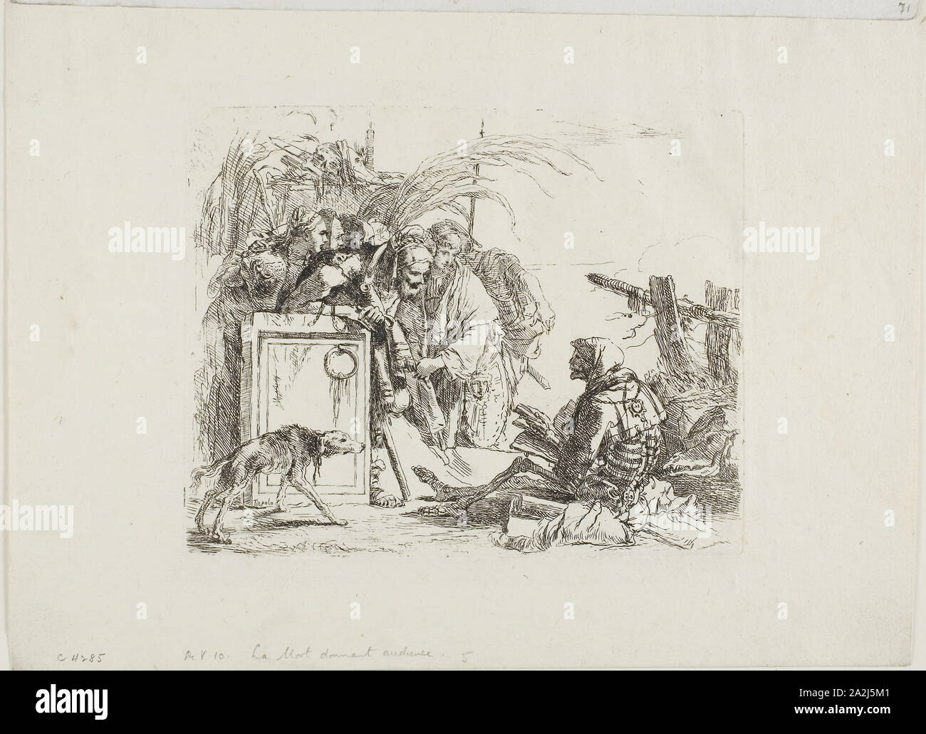 La morte di dare pubblico, dai capricci, 1740/50, pubblicato 1785, Giambattista Tiepolo, Italiano, 1696-1770, Italia, incisione su carta, 141 x 177 mm Foto Stock