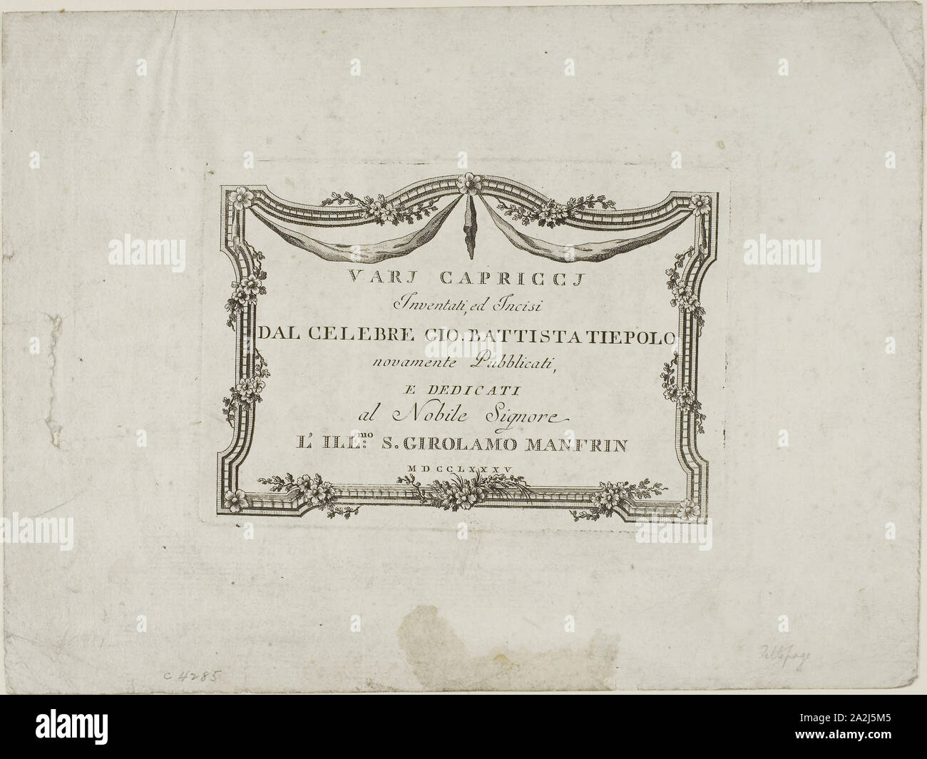 Frontespizio da Capricci, pubblicato 1785, Giambattista Tiepolo, Italiano, 1696-1770, Italia, incisione su carta, 114 x 165 mm Foto Stock