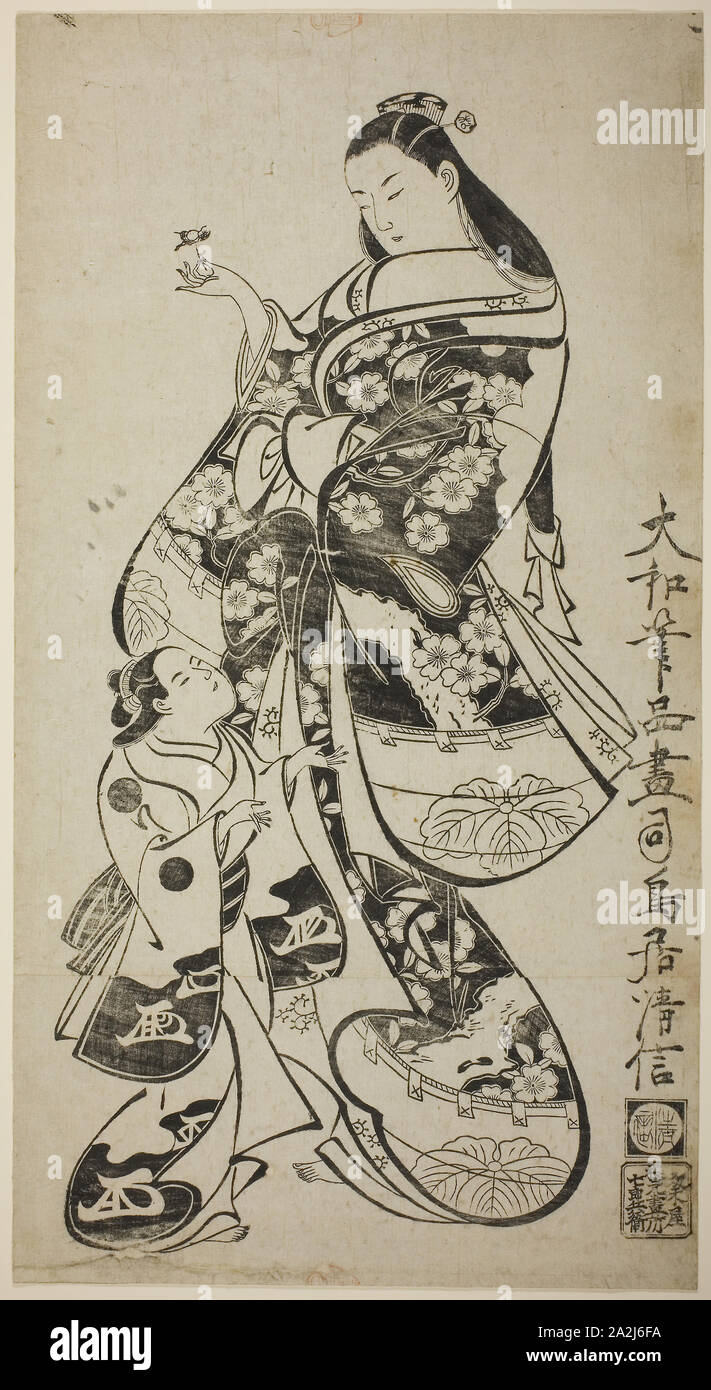 Una cortigiana con il suo bambino Attendant, c. 1715 Torii Kiyonobu io, Giapponese, 1664-1729, Giappone, Woodblock stampa, o-oban, sumizuri-e, 23 x 12 1/4 in Foto Stock