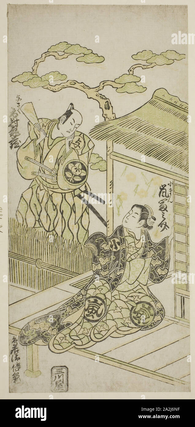 Gli attori Ichimura Kamezo I come Yosaku e Arashi Tominosuke I come Koman, c. 1754, Torii Kiyomasu II, Giapponese, 1706 (?)-1763 (?), Giappone, Color woodblock stampa, hosoban, benizuri-e, 12 1/8 x 5 5/8 in Foto Stock