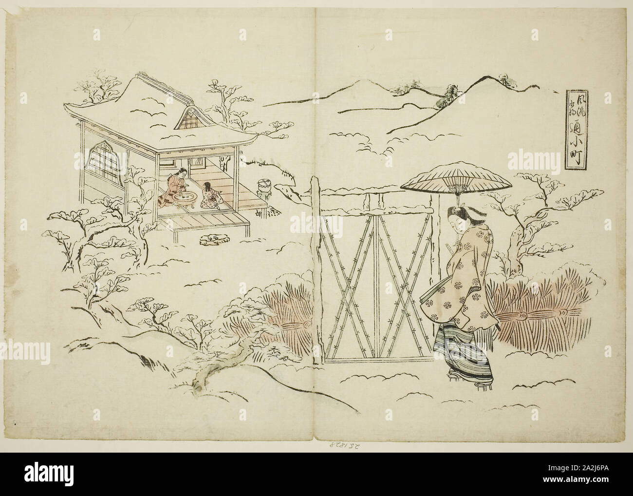 Una versione moderna di Shosho visitando Komachi (Furyu Shosho kayoi Komachi), c. 1715, Okumura Masanobu, Giapponese, 1686-1764, Giappone, colorate a mano woodblock stampa, Oban, sumizuri-e, 28,3 x 40,7 cm Foto Stock