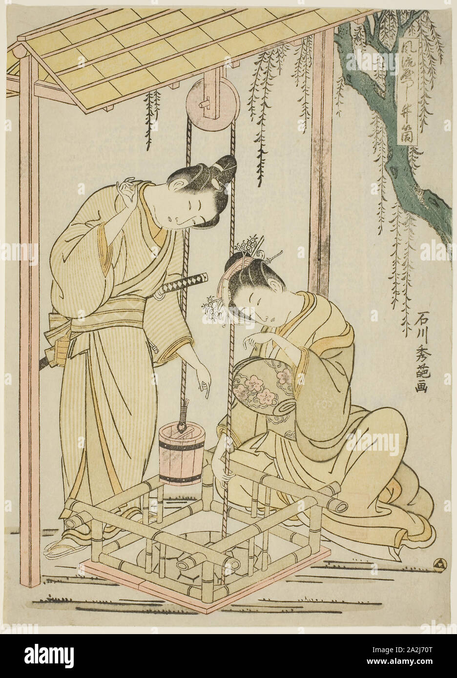 Parodia moderna del ben-episodio di cordolo da racconti di Ise, c. 1766, Ishikawa Toyonobu, Giapponese, 1711-1785, Giappone, Color woodblock stampa, koban, benizuri-e, 24,0 x 17,4 cm (9 1/2 x 6 7/8 in Foto Stock