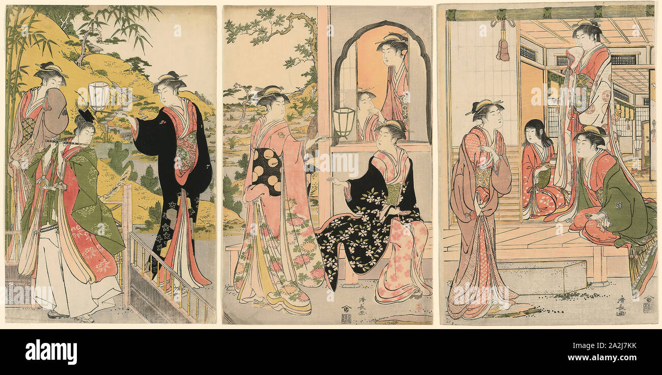 Una versione moderna della Serenata Ushiwakamaru Principessa Joruri, c. 1785 Torii Kiyonaga, Giapponese, 1752-1815, Giappone, Color woodblock stampa, Oban trittico, 39.0 x 26.1 cm (lamiera destra), 38,5 x 25,4 cm (centro foglio), 38,5 x 26,0 cm (lamiera sinistra Foto Stock