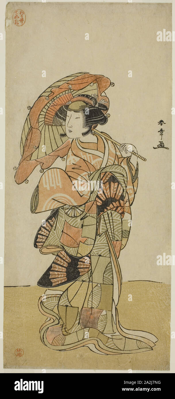 L'attore Nakamura Tomijuro ho come la femmina fox da Mt. Ubagadake nel gioco Chigo Torii Tobiiri Kitsune, eseguita presso il Teatro Ichimura nell'undicesimo mese, 1777, c. 1777, Katsukawa Shunsho 勝川 春章, Giapponese, 1726-1792, Giappone, Color woodblock stampa, un foglio di hosoban tetraptych, 31,7 x 14,4 cm (12 7/16 x 5 5/8 in Foto Stock