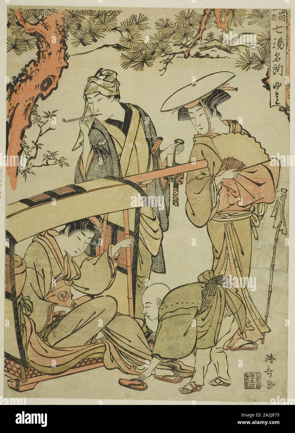 Yumoto, dalla serie famosi sette sorgenti calde di Hakone (Hakone shichito meisho), c. 1780 Torii Kiyonaga, Giapponese, 1752-1815, Giappone, Color woodblock stampa, chuban, 26,9 x 18,8 cm Foto Stock