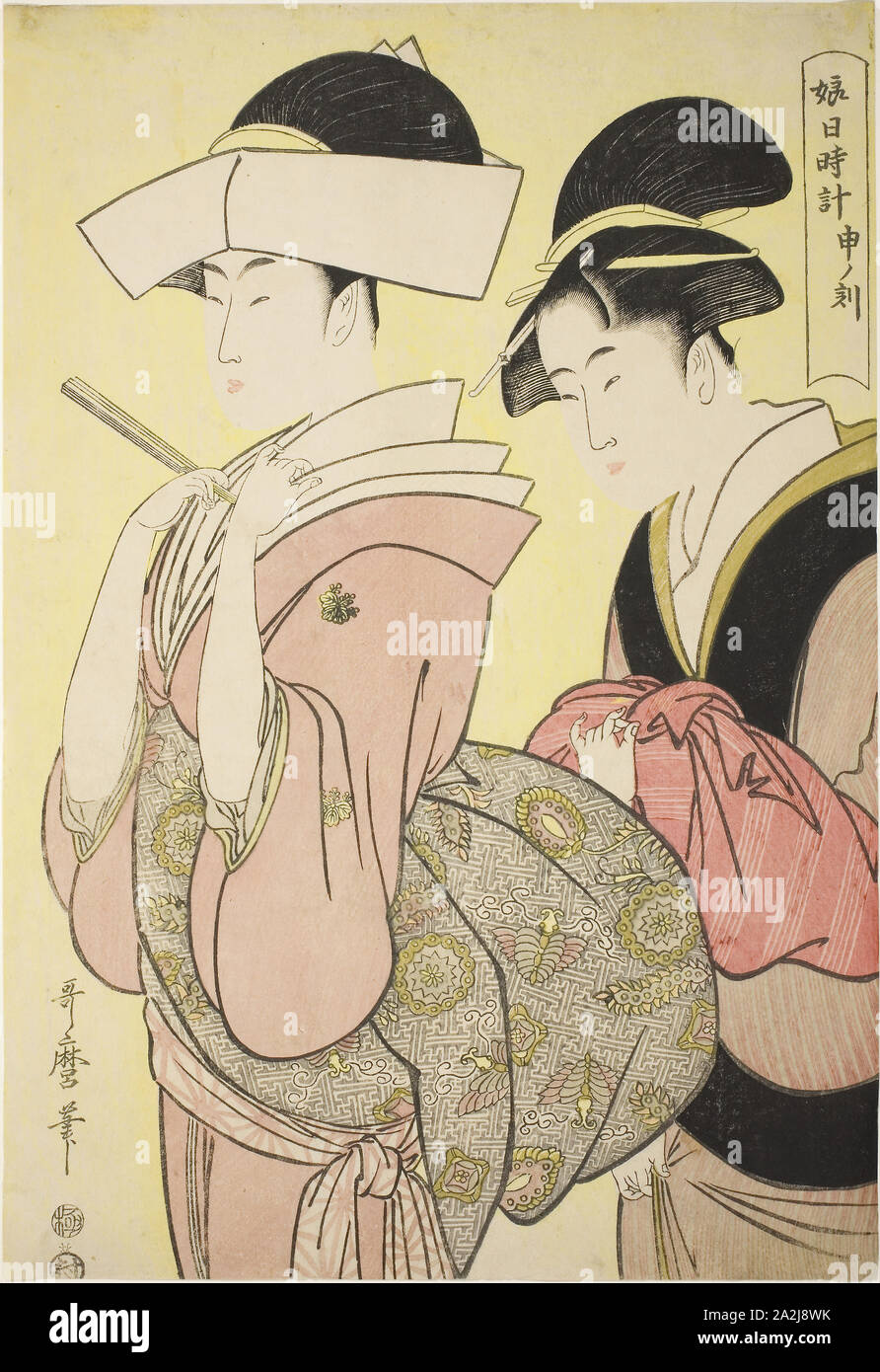 Ora della scimmia [4pm] (Saru no koku), dalla serie meridiana di giovani donne (Musume hi-dokei), c. 1794/95, Kitagawa Utamaro 喜多川 歌麿, Giapponese, 1753 (?)-1806, Giappone, Color woodblock stampa, Oban, 37,4 x 25,6 cm Foto Stock