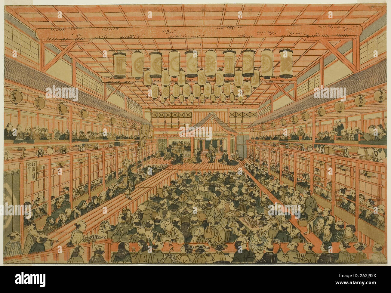 Immagine in prospettiva di un teatro Kabuki (uki-e Kabuki non shibai zu), c. 1776, Utagawa Toyoharu, Giapponese, 1735-1814, Giappone, Color woodblock stampa, Oban, rifilato, 9 3/4 x 14 3/8 in Foto Stock