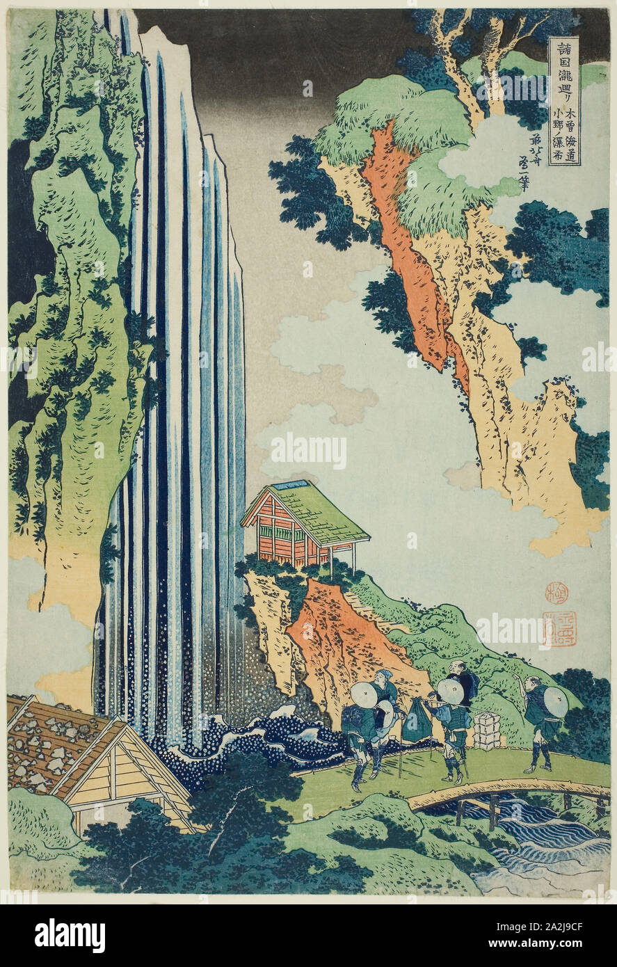 Ono cade sul Kisokaido (Kisokaido ono nessun bakufu), dalla serie un Tour delle Cascate in varie province (Shokoku taki meguri), c. 1833, Katsushika Hokusai 葛飾 北斎, Giapponese, 1760-1849, Giappone, Color woodblock stampa, Oban, appross. 38,2 x 25,4 cm (15 x 10 pollici Foto Stock