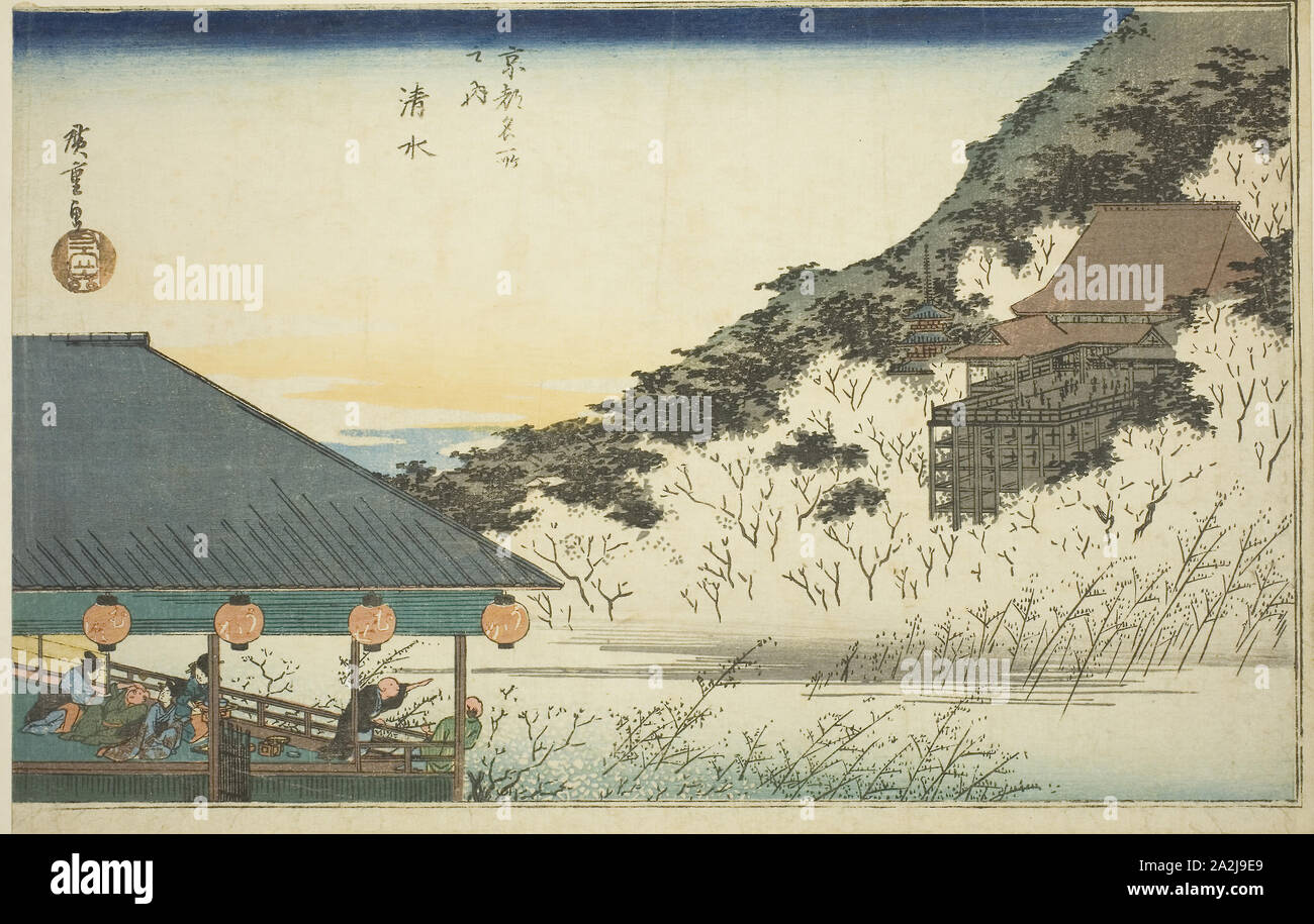 Tempio di Kiyomizu, dalla famosa serie di luoghi a Kyoto (Kyoto meisho no uchi), c. 1834, Utagawa Hiroshige 歌川 広重, Giapponese, 1797-1858, Giappone, Color woodblock stampa, Oban, 9 3/4 x 14 3/4 in Foto Stock