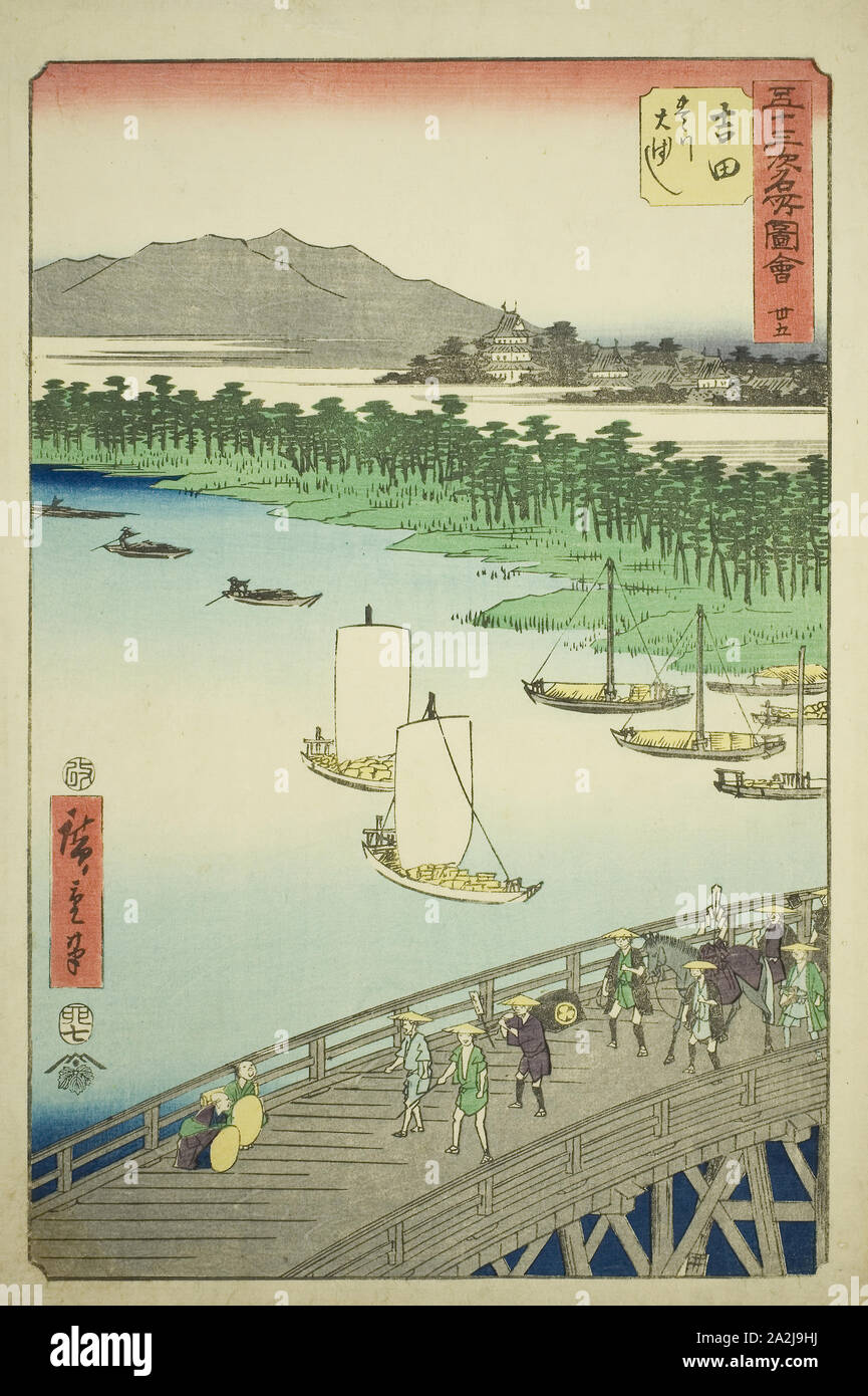 Yoshida: grande ponte sul fiume Toyo (Yoshida, Toyokawa ohashi), n. 35 dalla serie famose attrazioni di cinquanta-tre stazioni (Gojusan tsugi meisho zue), noto anche come la verticale Tokaido, 1855 Utagawa Hiroshige 歌川 広重, Giapponese, 1797-1858, Giappone, Color woodblock stampa, Oban, 37,1 x 25 cm (14 9/16 x 9 13/16 in Foto Stock