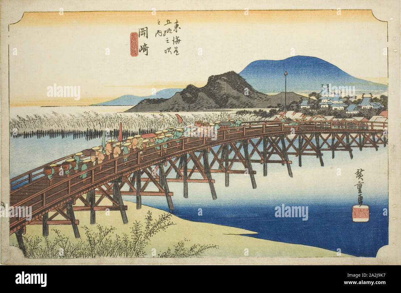 Okazaki: Ponte Yahagi (Okazaki, Yahagi no hashi), dalla serie di cinquanta tre stazioni della linea Tokaido (Tokaido gojusan tsugi no uchi), noto anche come Hoeido Tokaido, c. 1833/34, Utagawa Hiroshige 歌川 広重, Giapponese, 1797-1858, Giappone, Color woodblock stampa, Oban, 24,7 x 37,0 cm (9 3/4 x 14 9/16 in Foto Stock