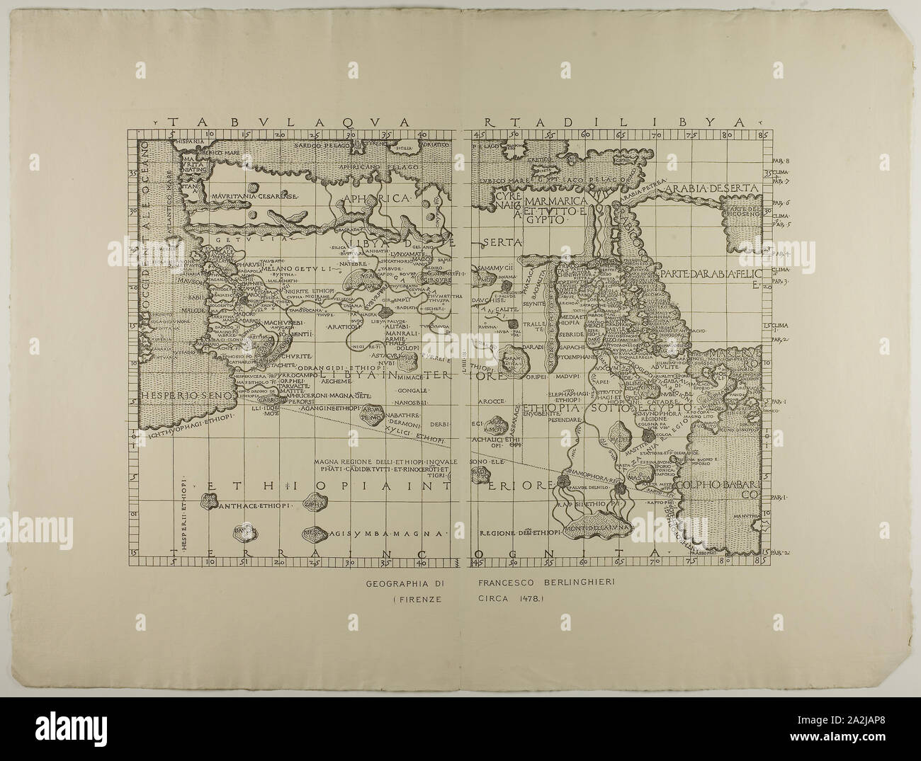 Mappa di Libia, del Medio Oriente e del Nord Africa, 1478, ristampati 1889, Artista sconosciuto (Inglese del XIX secolo), riproduzione dopo una mappa di Francesco Berlinghieri (Italiano, 1440-1501), l'Italia, litografia su crema di latte di cui carta, 512 x 685 mm Foto Stock