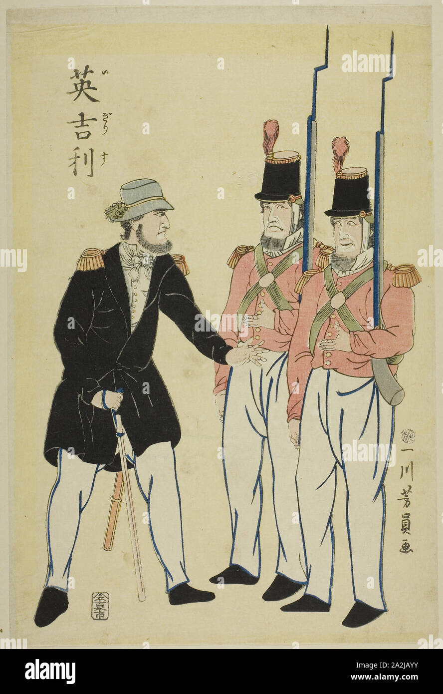 Ufficiale inglese e soldati, 1861, Utagawa Yoshikazu, Giapponese, attivo c. 1850-70, Giappone, Color woodblock stampa, Oban Foto Stock