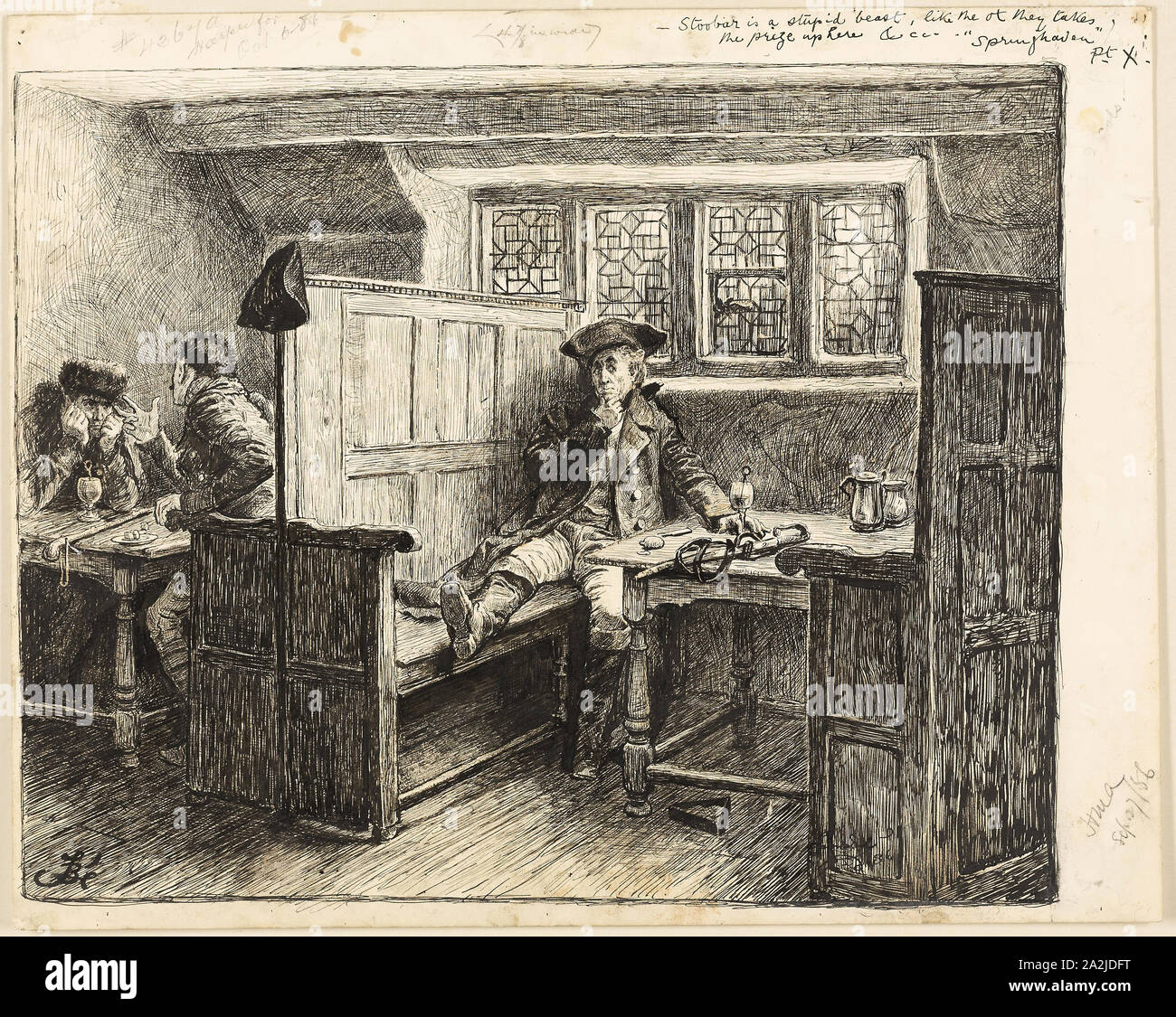 L'intercettatore, c. 1886, Frederick Barnard, Inglese, 1846-1896, Inghilterra, penna e inchiostro nero, intensificato con vernice sulla carta velina avorio scheda, 303 × 380 mm Foto Stock