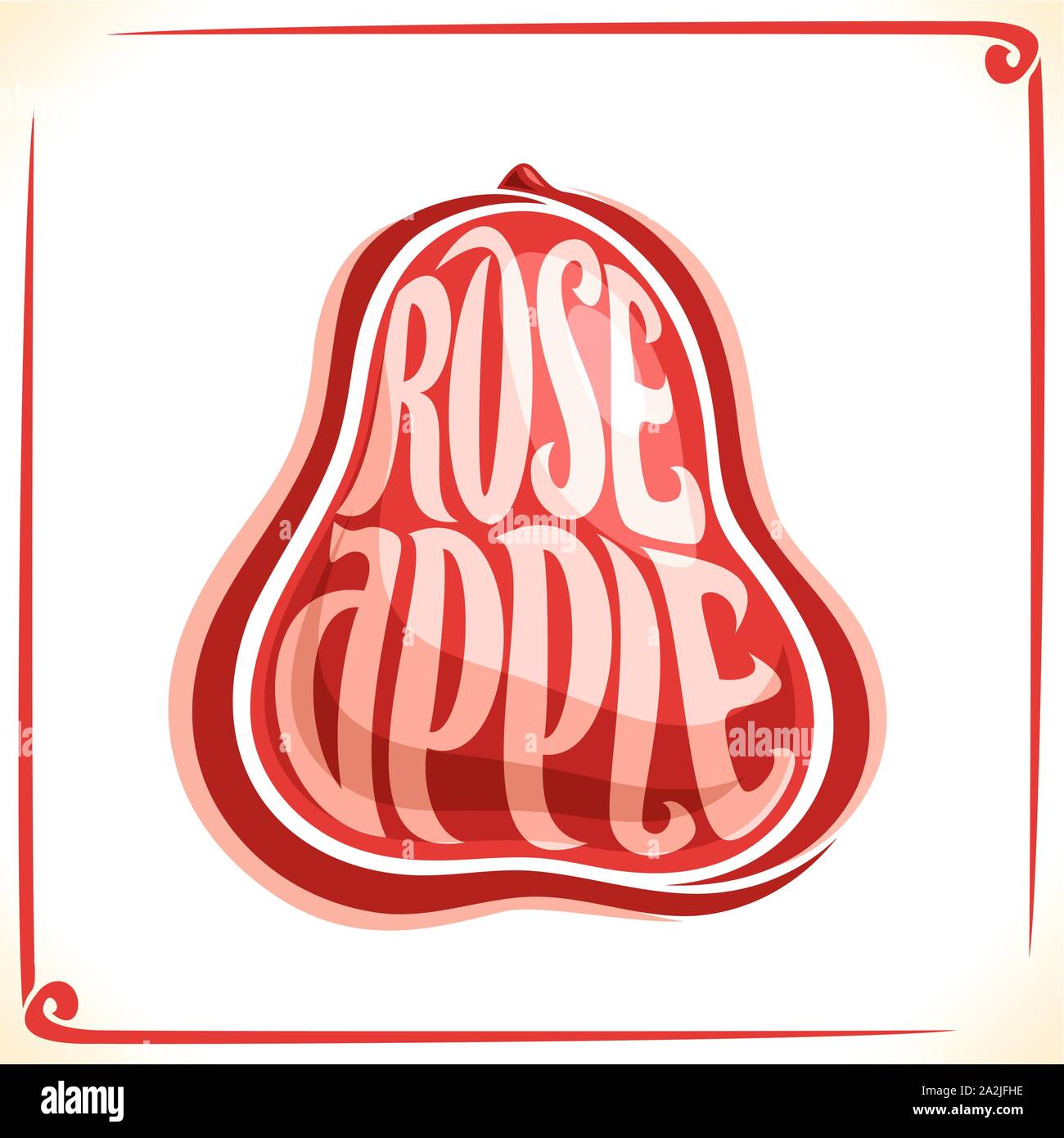 Il logo del vettore per Rose Apple, etichetta con un frutto intero per il pacchetto di succo di frutta fresco o esotico dessert, prezzo di etichetta con carattere originale per parola rosa mela Illustrazione Vettoriale