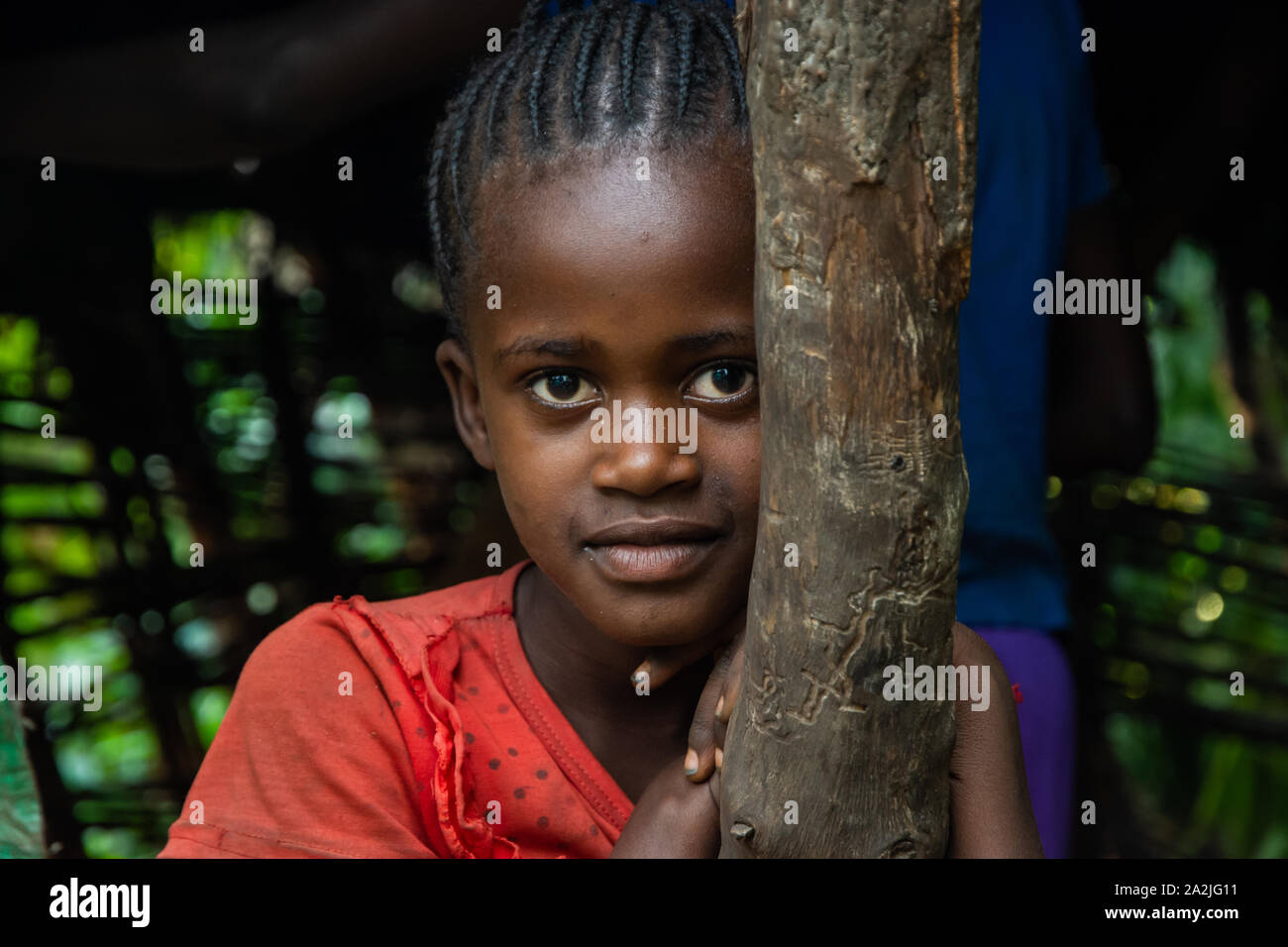 Jinka, Etiopia - Nov 2018: Ritratto di giovane ragazza etiope appoggiata sul montante in legno Foto Stock