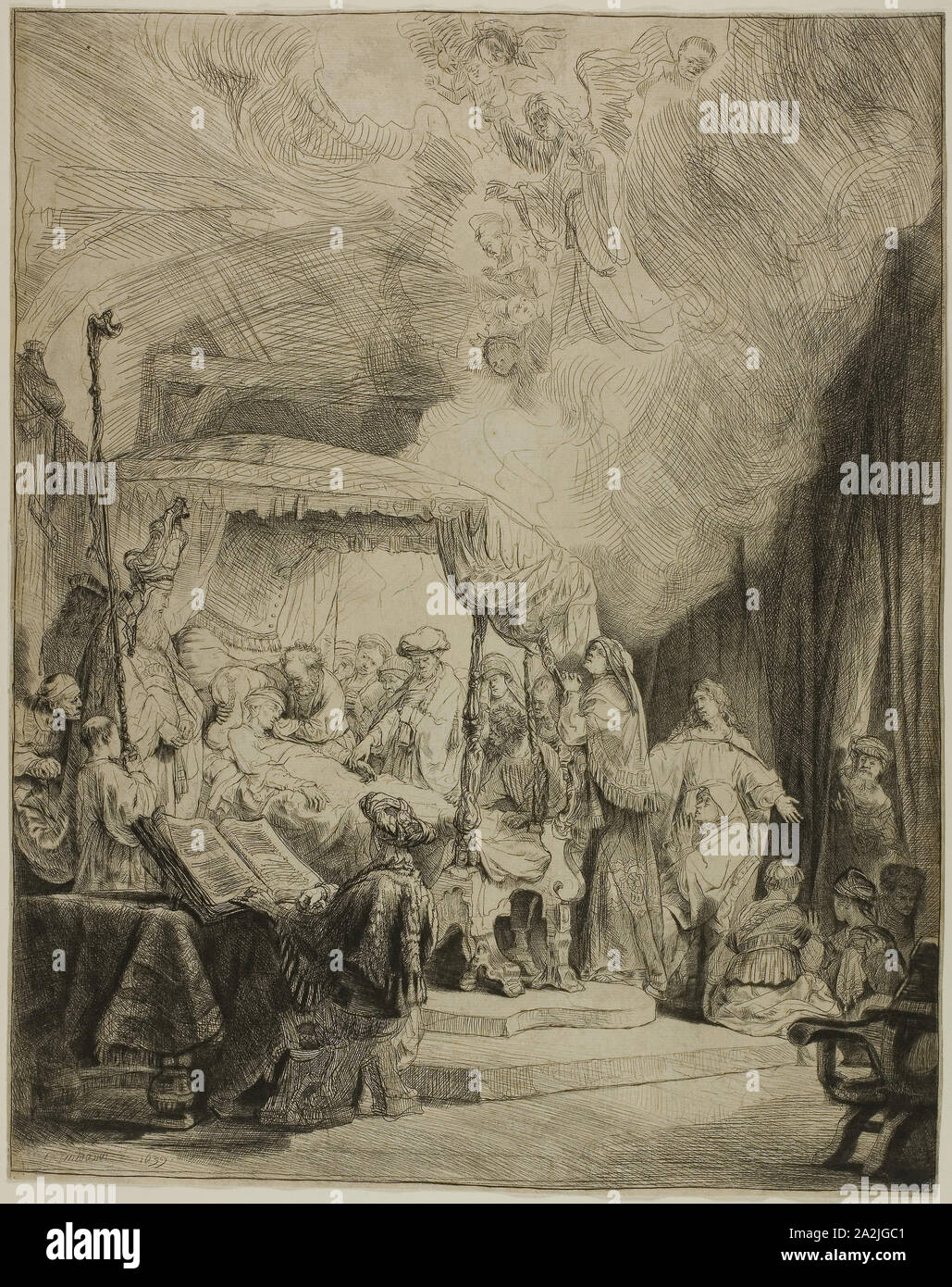 La morte della Vergine, 1639, Rembrandt van Rijn, Olandese, 1606-1669, Olanda, incisione e puntasecca su avorio carta vergata, 397 x 315 mm (foglio rifilato entro la piastra mark Foto Stock