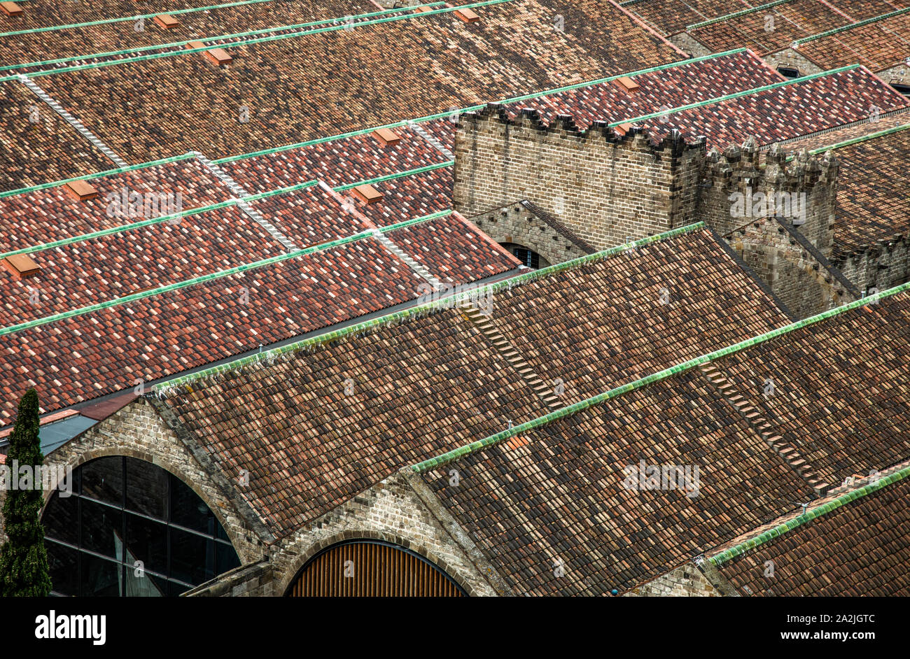 Piastrelle spagnolo tetti in cima fila di depositi in Barcellona, Spagna Foto Stock