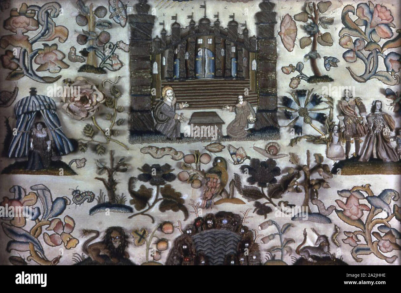 Foto, 1660/65, Inghilterra, seta, il filo di trama in posizione di flottazione di fronte 7:1 raso, appliquéd con biancheria, tes siture semplici e seta, raso tesse, ricamato in seta, lino, dorate-metallo-strip-avvolto di seta, piume, filo metallico e purl in lingotti, occhiello, romana, raso, split, lo stelo e la tenda maglie, sollevate il lavoro in una varietà di occhiello stelo sollevata e traliccio di maglie con bullion picots, adagiandosi e ricamati pelo rasato, impreziosita con perle, mica e perle, 62,4 × 88,3 cm (24 1/2 × 34 3/4 in Foto Stock