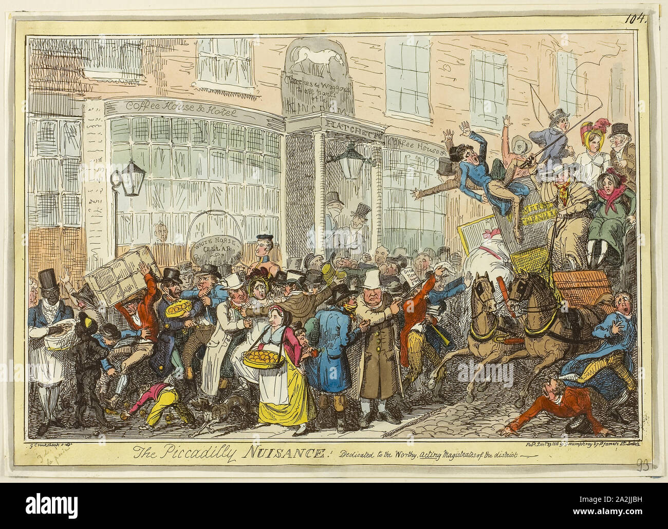 Il Piccadilly fastidio!, pubblicato il 29 dicembre 1818, George Cruikshank (Inglese, 1792-1878), pubblicata da George Humphrey (inglese, c. 1773-1831), Inghilterra, colorate a mano di attacco sulla carta, 242 × 344 mm (nell'immagine), 246 × 350 mm (piastra), 251 × 355 mm (foglio Foto Stock