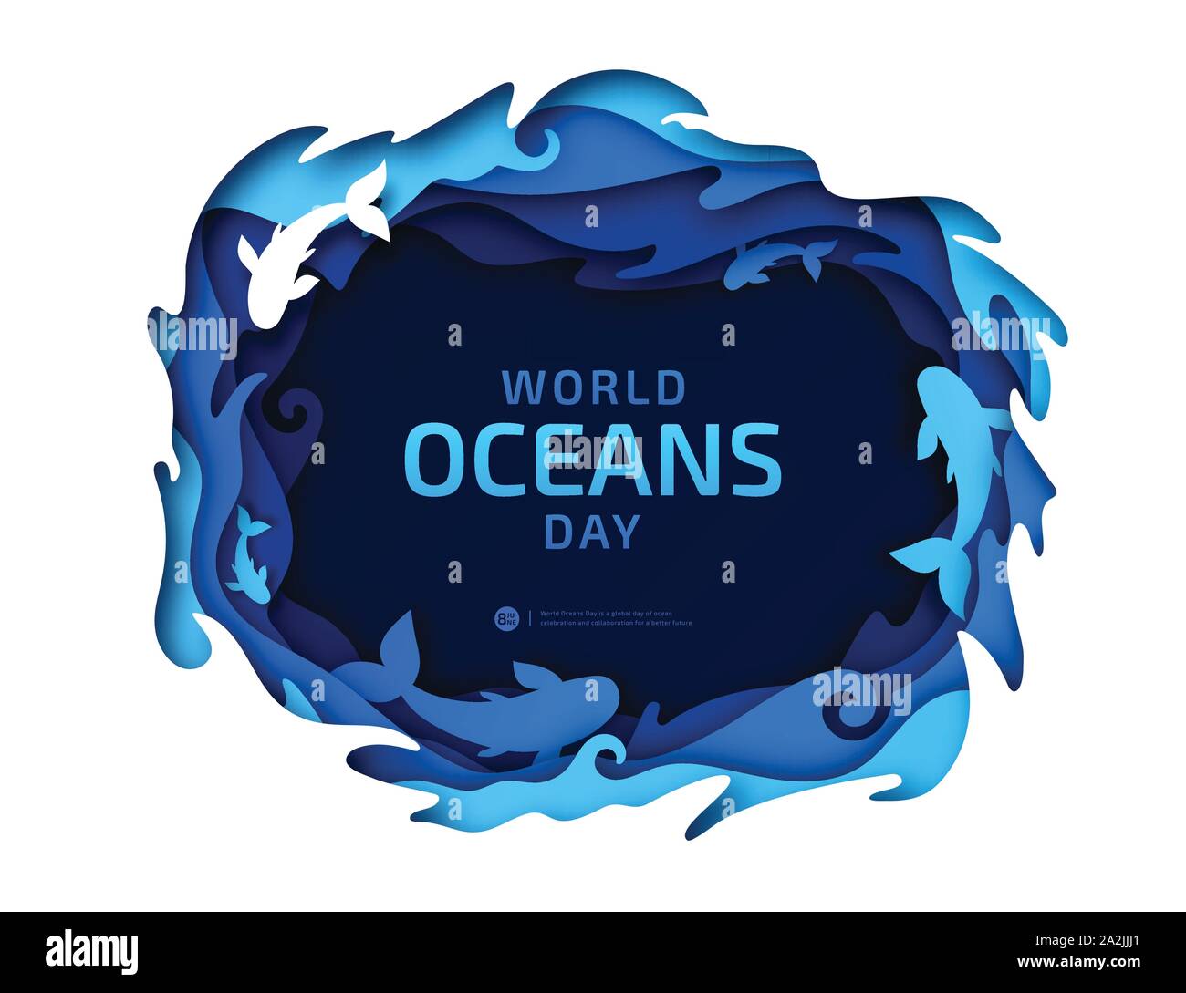 Arte della carta del mondo degli oceani giorno. Globale celebrazione dedicata a proteggere e conservare gli oceani del mondo, acqua, mondo sottomarino, ecosistema, ecologia. Illustrazione Vettoriale