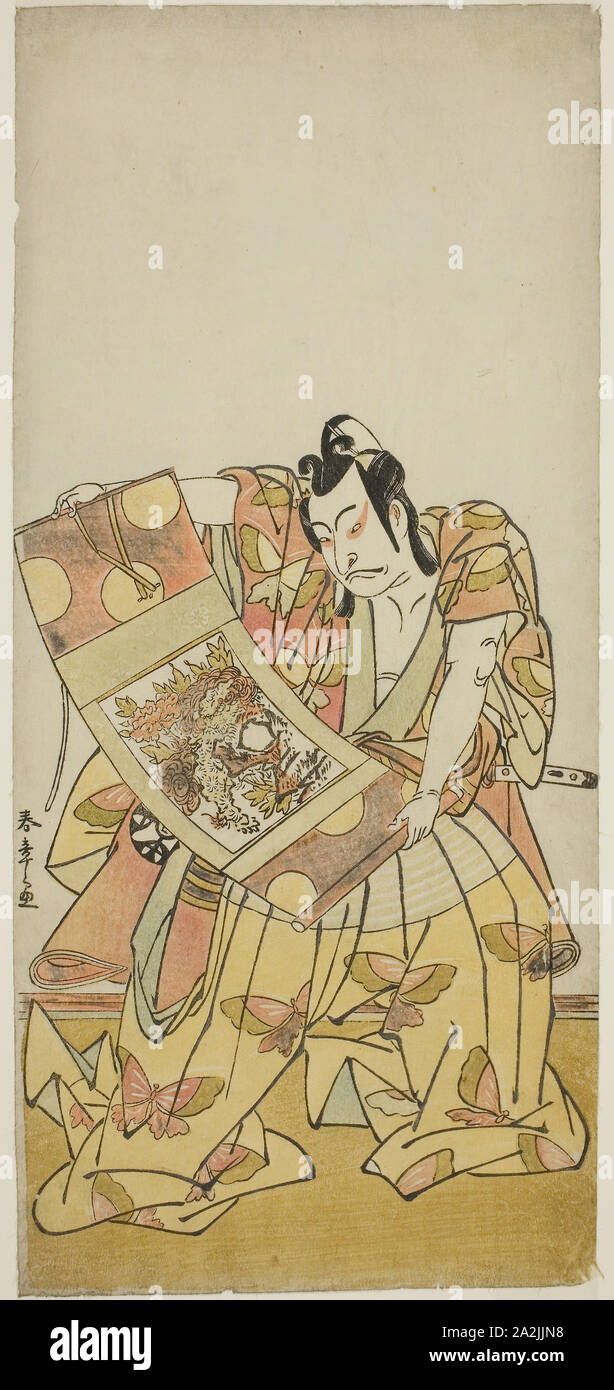 L'attore Nakamura Nakazo I come Soga no Goro Tokimune nel gioco Kazoe Uta Ta Ue Soga, eseguita presso il Teatro Nakamura nel primo mese, 1776, c. 1776, Katsukawa Shunsho 勝川 春章, Giapponese, 1726-1792, Giappone, Color woodblock stampa, hosoban, lamiera sinistra del trittico (?), 33.2 x 15.3 cm (13 1/8 x 6 in Foto Stock