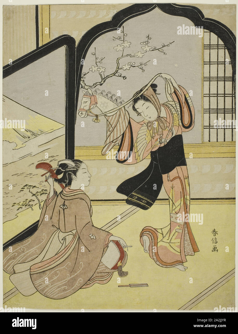 La Danza Harugoma, c. 1767/68, Suzuki Harunobu 鈴木 春信, Giapponese, 1725 (?)-1770, Giappone, Color woodblock stampa, chuban, 10 5/8 x 8 in Foto Stock