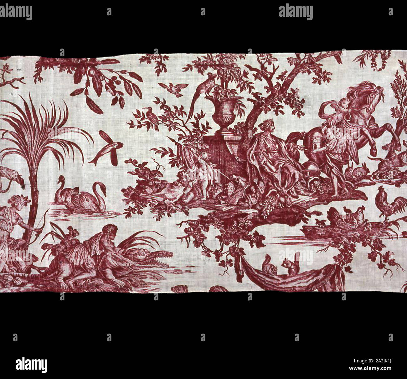 Les Quatre Parti du Monde (quattro trimestri del globo) (tessuti per arredamento), c.1794, progettato da Jean Baptiste Huet (Francese, 1745-1811) inciso da Johann Elias Ridinger (Germania, 1698-1767), fabbricato da Christophe Phillipe Oberkampf (Francese, 1738-1815), Francia, Jouy-en-Josas, Francia, cotone, ad armatura a tela, calcografia stampato, 91,4 × 98,2 cm (36 × 19 in Foto Stock
