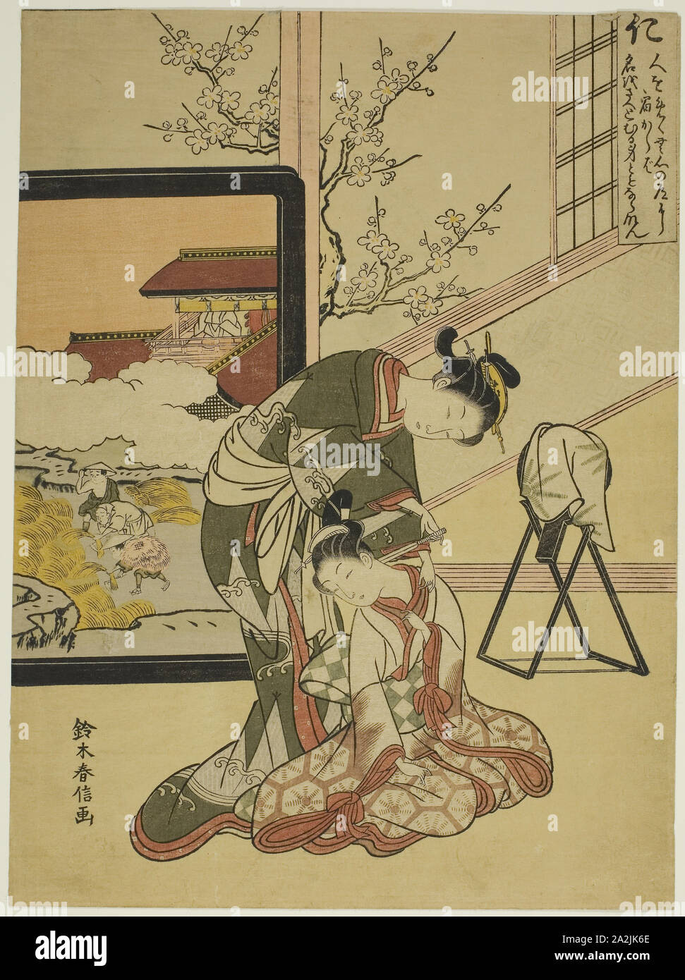 La benevolenza (jin), la serie di cinque virtù cardinali, 1767, Suzuki Harunobu 鈴木 春信, Giapponese, 1725 (?)-1770, Giappone, Color woodblock stampa, chuban, 27,4 x 20,1 cm (10 5/8 x 7 7/8 in Foto Stock