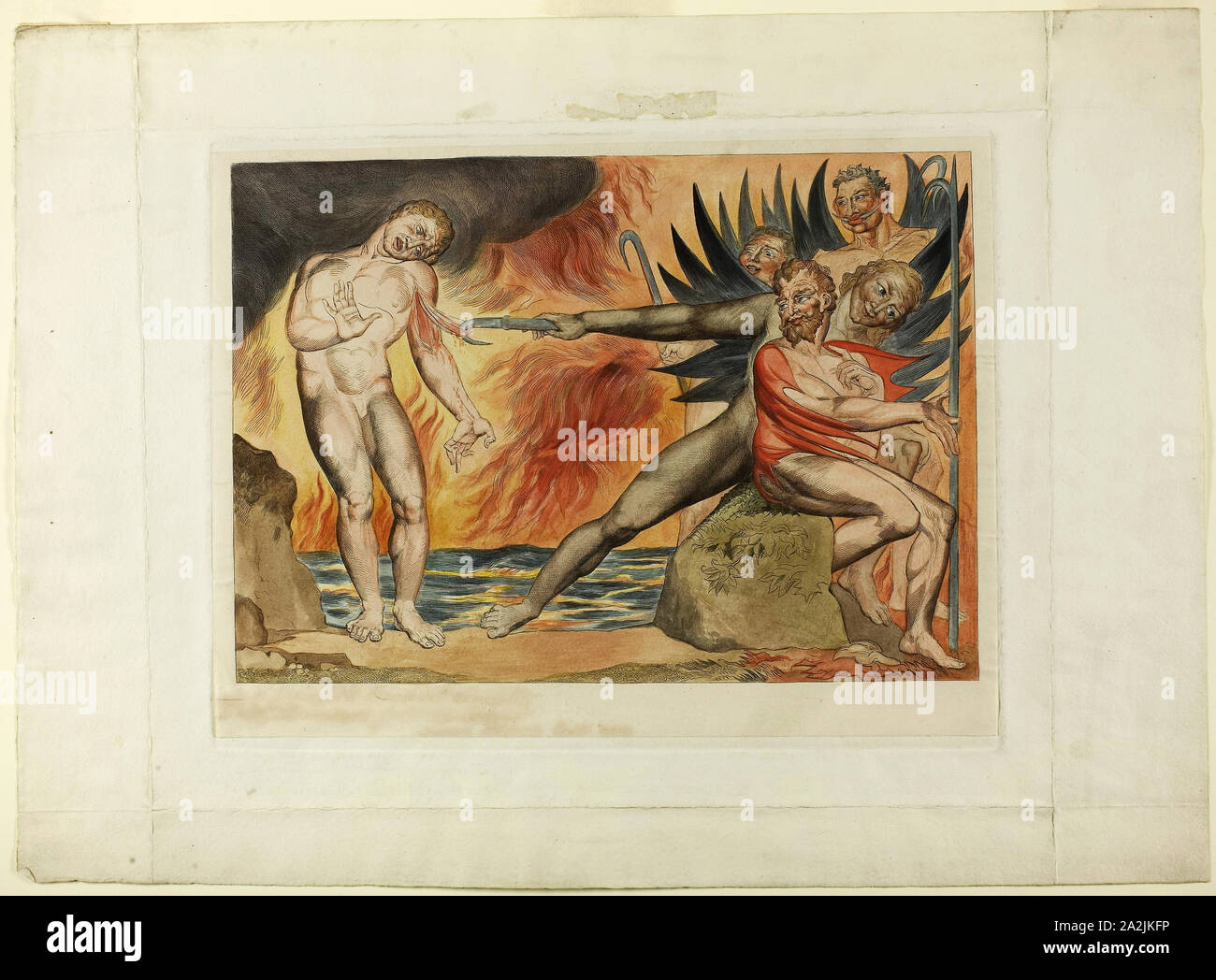 Il cerchio dei funzionari corrotti, i Diavoli spasimante Ciampolo. Inferno, canto XXII, 1827, stampato c. 1892, William Blake, Inglese, 1757-1827, Inghilterra, colorate a mano incisioni su carta india, fissate su carta intessuta (chine collé) 237 × 335 mm (nell'immagine), 276 × 356 mm (piastra), 392 × 539 mm (foglio Foto Stock