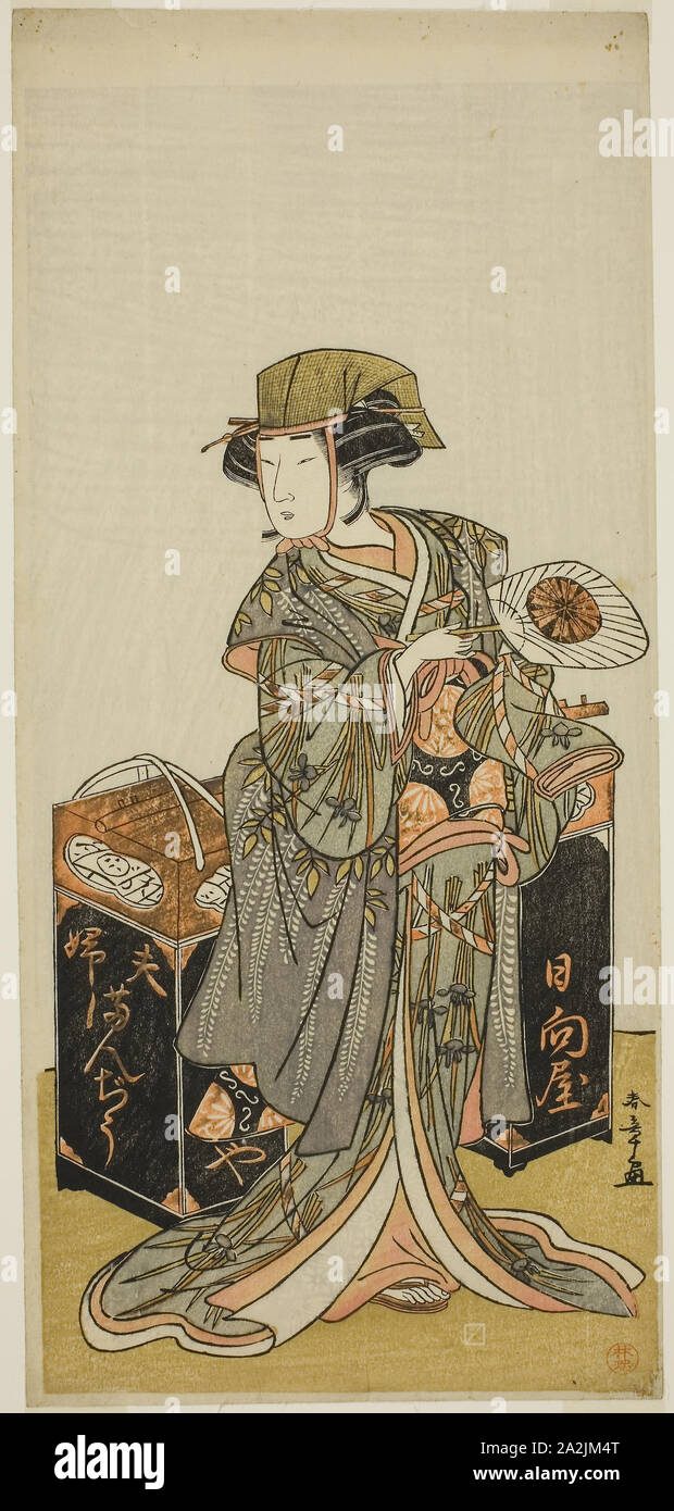 L'attore Nakamura Tomijuro ho come la femmina Beancake Peddler Hyugaya nel gioco Chigo Torii Tobiiri Kitsune, eseguita presso il Teatro Ichimura nell'undicesimo mese, 1777, c. 1777, Katsukawa Shunsho 勝川 春章, Giapponese, 1726-1792, Giappone, Color woodblock stampa, hosoban, 33 × 15,2 cm (13 × 6 in Foto Stock