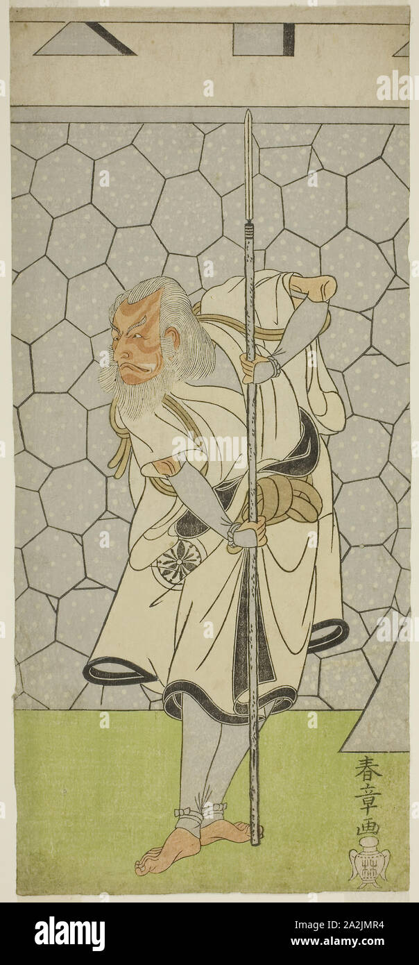 L'attore Matsumoto Koshiro III come Kikuchi Hyogo Narikage nel gioco Katakiuchi Chuko Kagami, eseguita presso il Teatro Nakamura nel sesto mese, 1770, c. 1770, Katsukawa Shunsho 勝川 春章, Giapponese, 1726-1792, Giappone, Color woodblock stampa, hosoban, seconda-da-lamiera sinistra in un quattro-foglio composotion, 31,6 x 14,3 cm (12 7/16 x 5 5/8 in Foto Stock