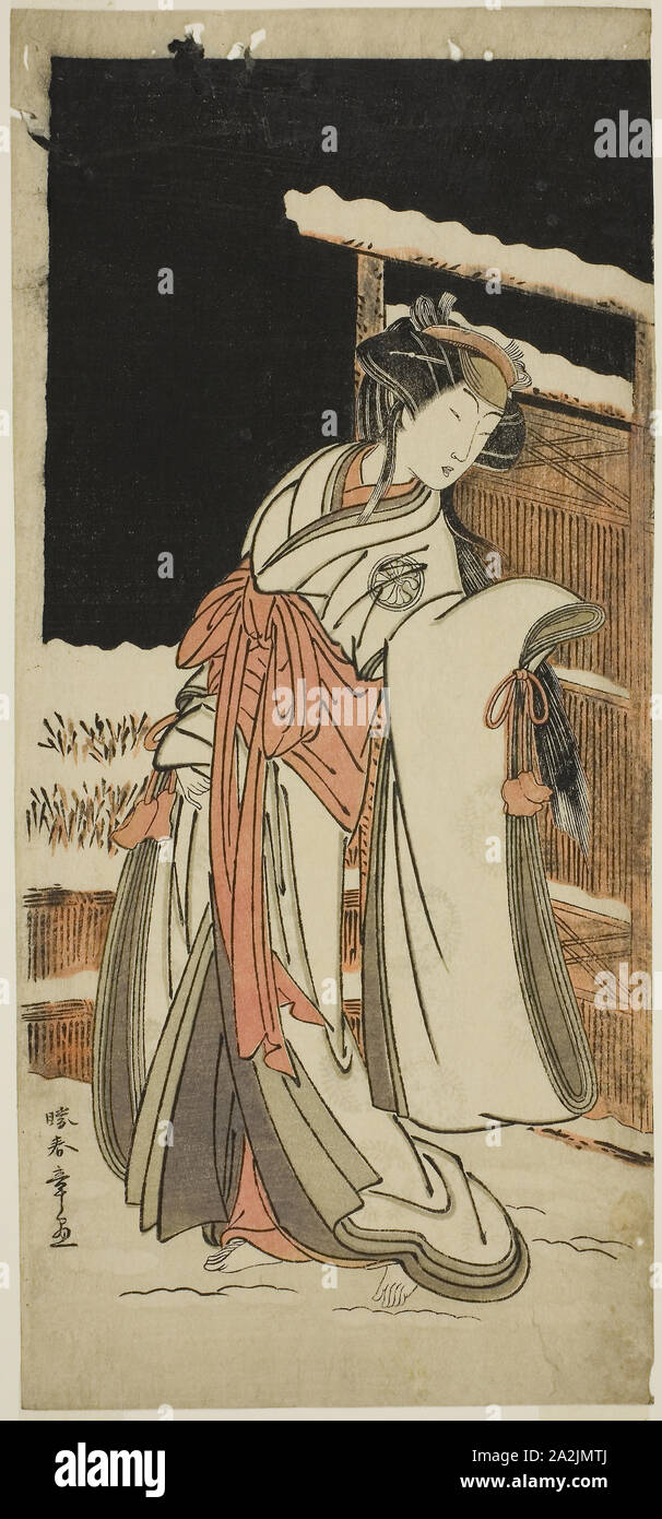 L'attore Segawa Kikunojo III come Lady Shizuka (Shizkua Gozen) travestito da Tamazusa nel gioco Chigo Torii Tobiiri Kitsune, eseguita presso il Teatro Ichimura nell'undicesimo mese, 1777, c. 1777, Katsukawa Shunsho 勝川 春章, Giapponese, 1726-1792, Giappone, Color woodblock stampa, hosoban, a partire da una composizione multisheet, 31,4 x 14 cm (12 3/8 x 5 1/2 in Foto Stock