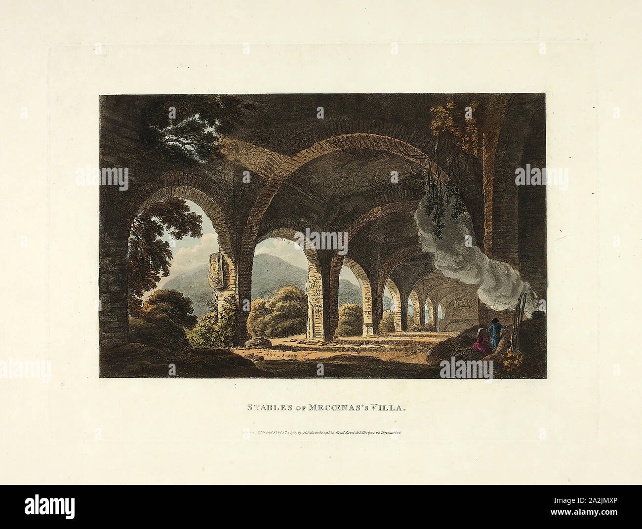 Maneggio di Meccena della Villa, piastra di undici dalle rovine della Roma, pubblicato il 1 febbraio 1798, M. Dubourg, (Inglese, active 1786-1838), pubblicato da J. Merigot (italiano, sconosciuto), Inghilterra, colorate a mano la puntasecca su carta, 330 × 448 mm (foglio Foto Stock