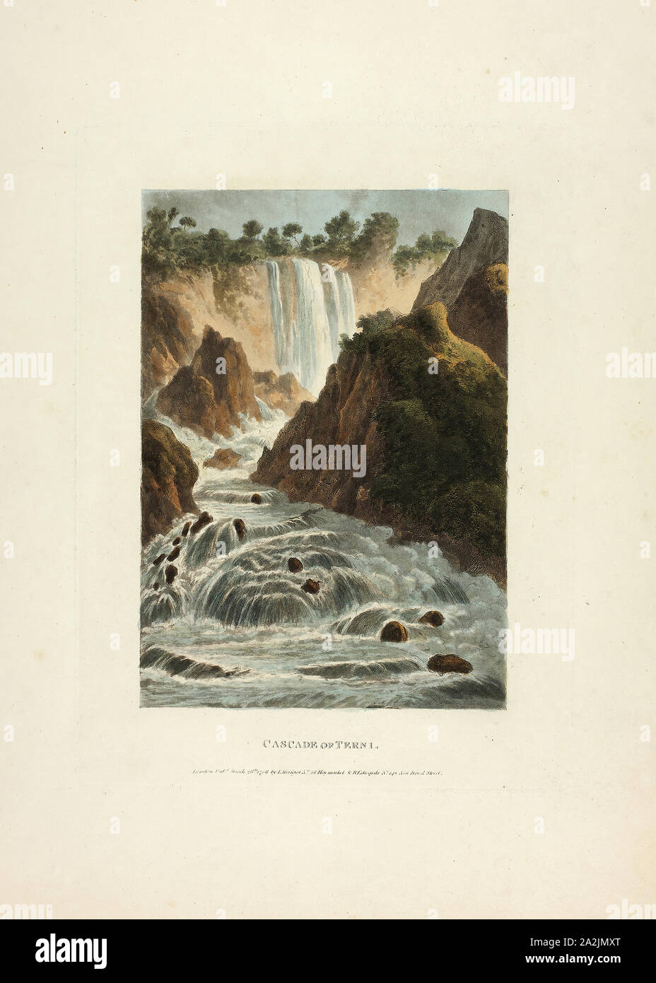 Cascata di Terni, piastra di quattordici dalle rovine della Roma, pubblicato il 28 marzo 1798, M. Dubourg, (Inglese, active 1786-1838), pubblicato da J. Merigot (italiano, sconosciuto), Inghilterra, colorate a mano la puntasecca su carta, 448 × 330 mm (foglio Foto Stock