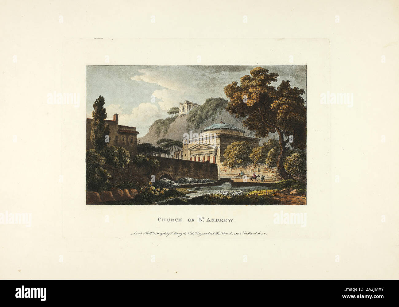 Chiesa di Sant'Andrea, piastra di diciotto anni dalle rovine della Roma, pubblicato il 11 ottobre 1796, M. Dubourg, (Inglese, active 1786-1838), pubblicato da J. Merigot (italiano, sconosciuto), Inghilterra, colorate a mano la puntasecca su carta, 330 × 448 mm (foglio Foto Stock