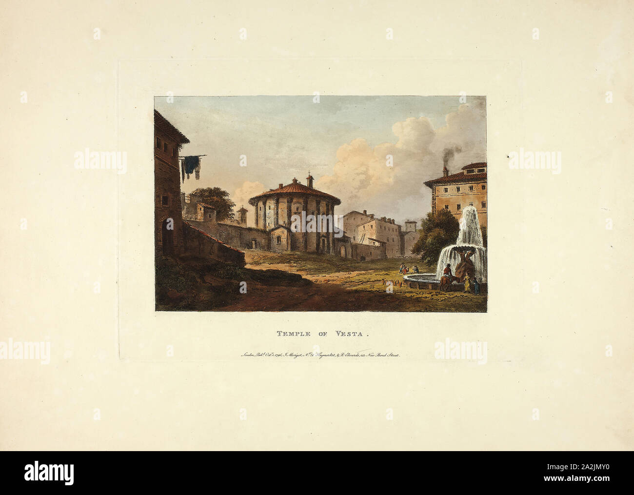 Tempio di Vesta, piastra di diciannove anni dalle rovine della Roma, pubblicato il 1 ottobre 1796, M. Dubourg, (Inglese, active 1786-1838), pubblicato da J. Merigot (italiano, sconosciuto), Inghilterra, colorate a mano la puntasecca su carta, 330 × 448 mm (foglio Foto Stock
